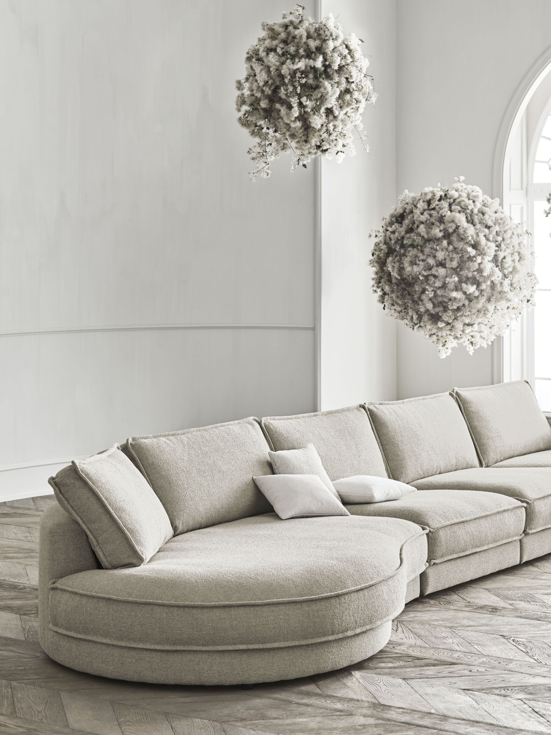 Noora Modulare Sofa - ein abgerundetes linker Handmodul mit einer schwarzen Basis
