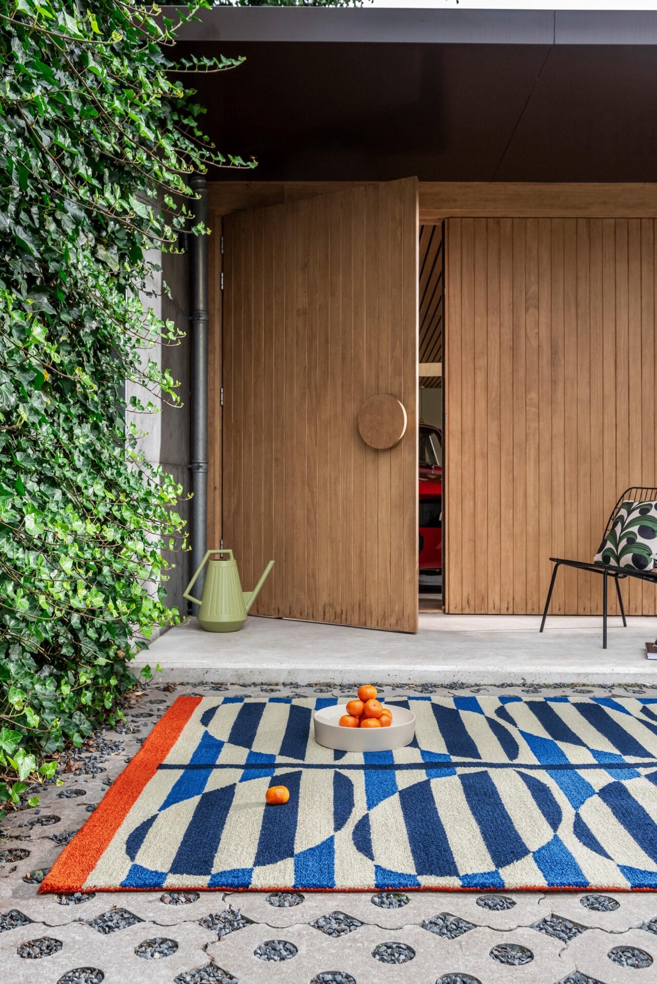 Dywan zewnętrzny STRIPY STEM AZURE niebieski z beżowym i pomarańczowym