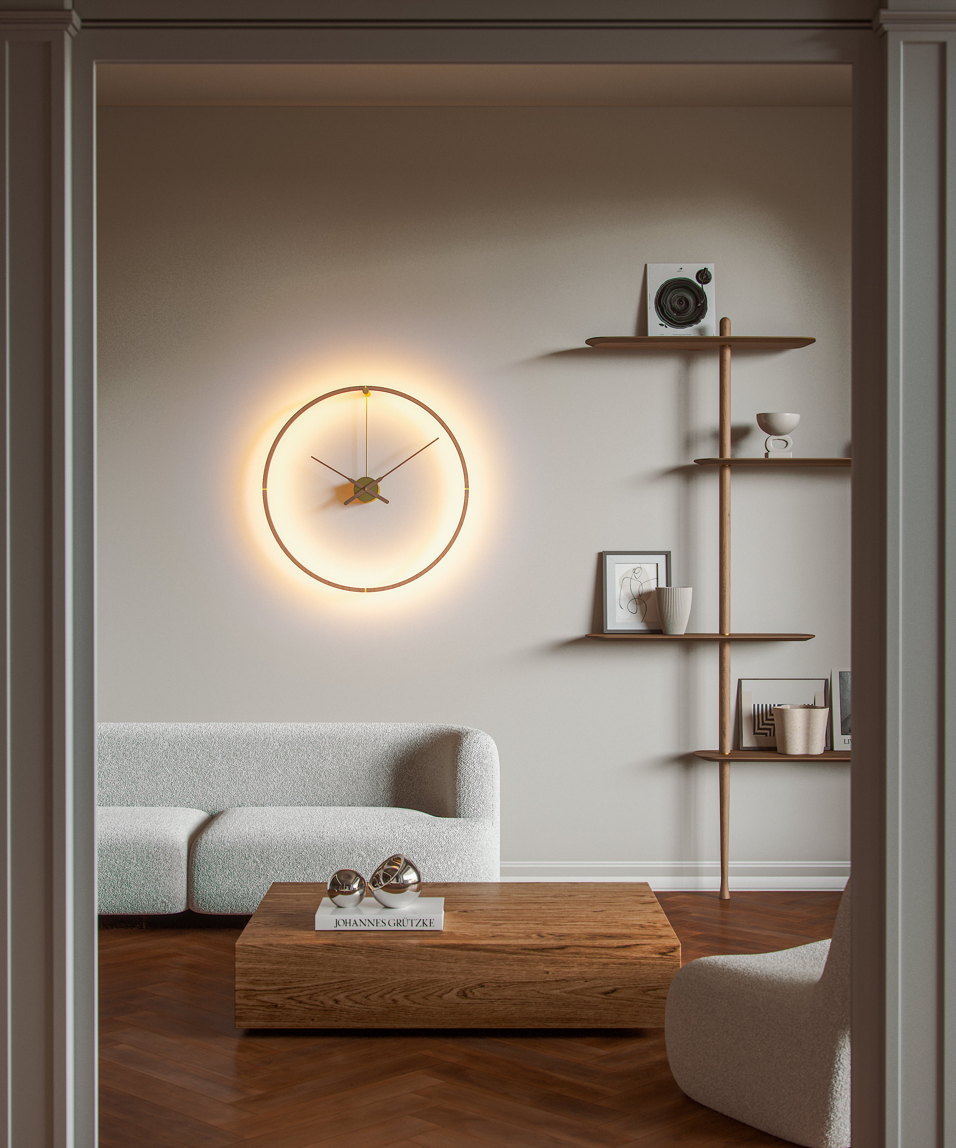 Beleuchtete Uhr OMBRA PREMIUM aus Nussbaum mit Gold