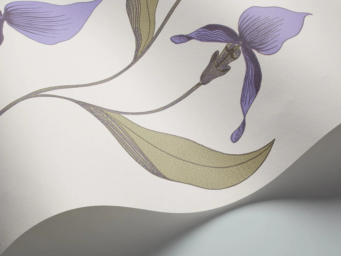 Wallpaper with a plant motif of orchid flowers CONTEMPORARY COLLECTION - OLIVE with purple