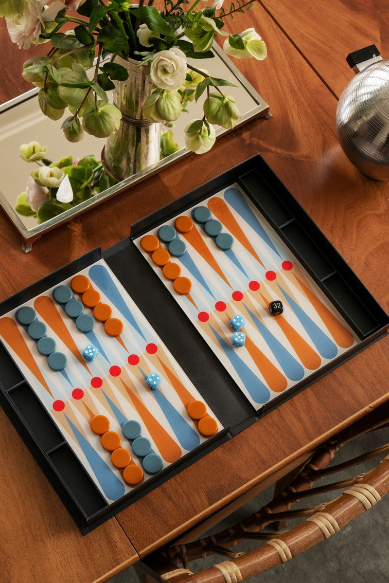 ART OF BACKGAMMON Gray Backgammon Set with Blue and Orange