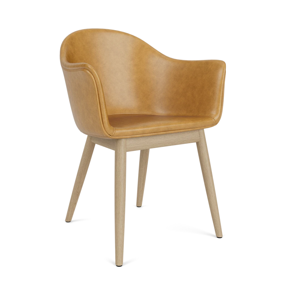 HARBOUR Armchair with Armrests, Cognac Leather with Oak Base
