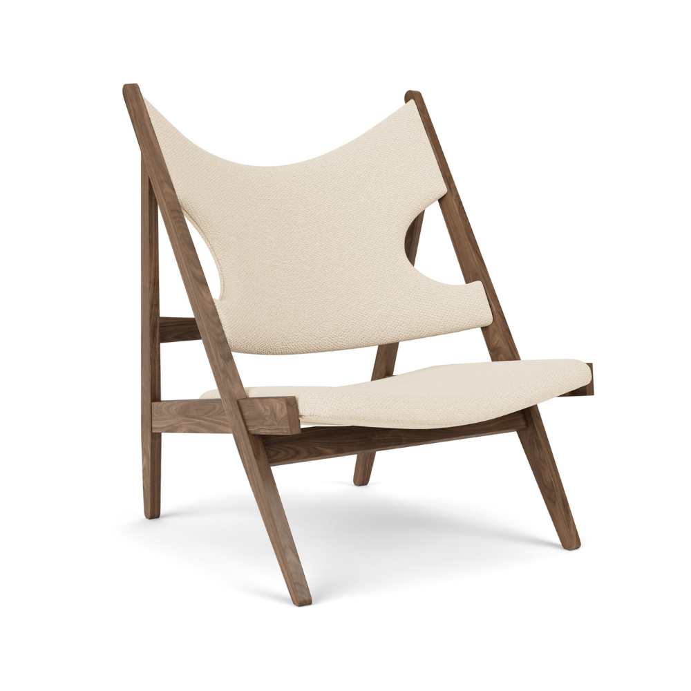KNITTING cream armchair with walnut base