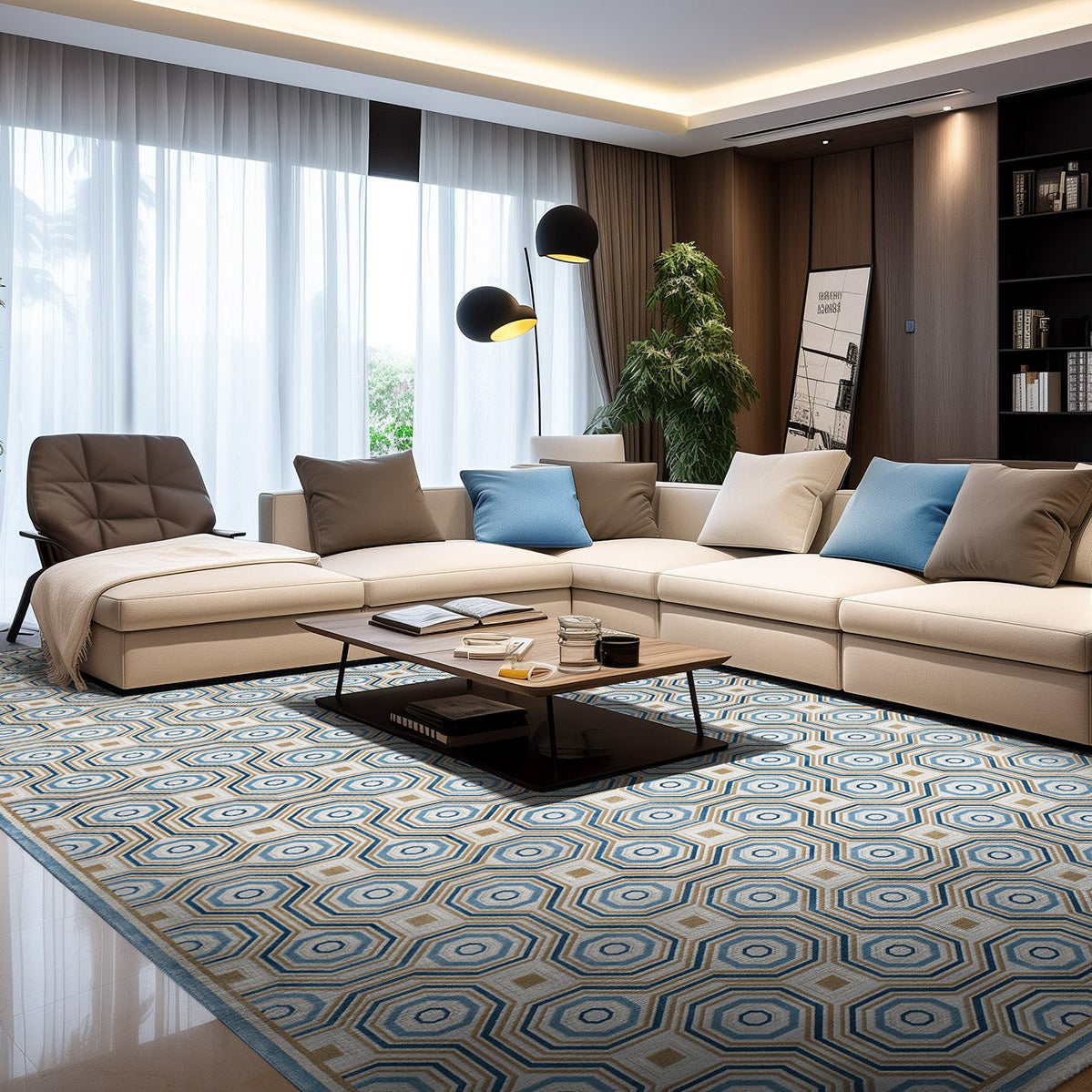 Royal Beige Carpet with Blue Geometric Pattern