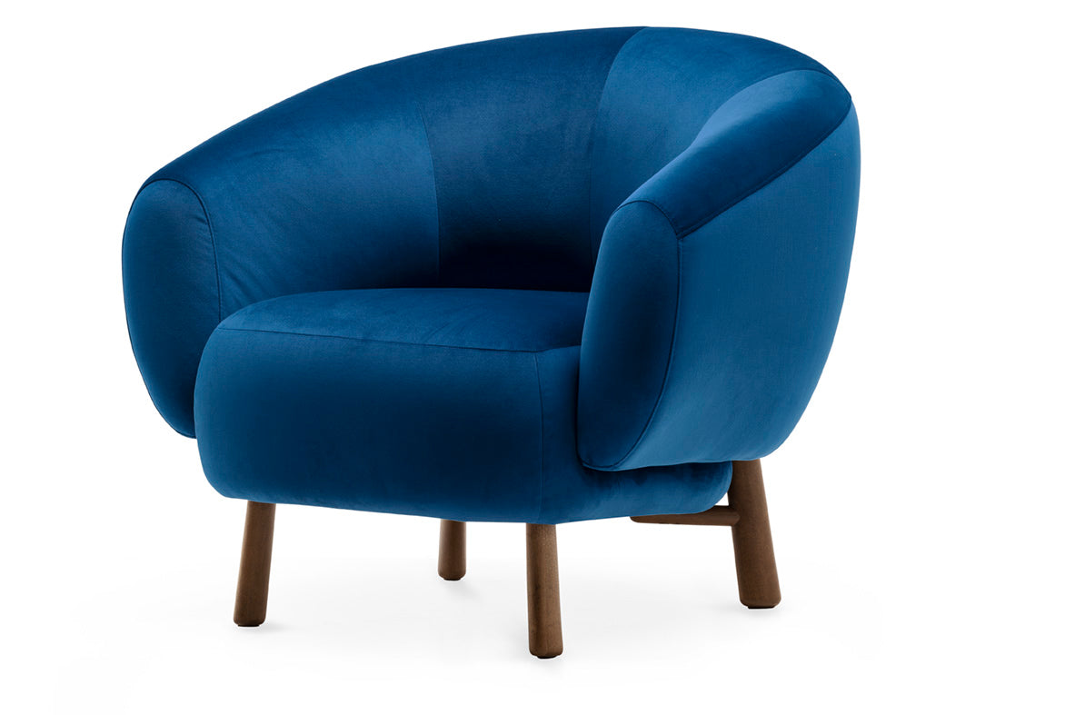 Upholstered RIO armchair with a dark wooden base