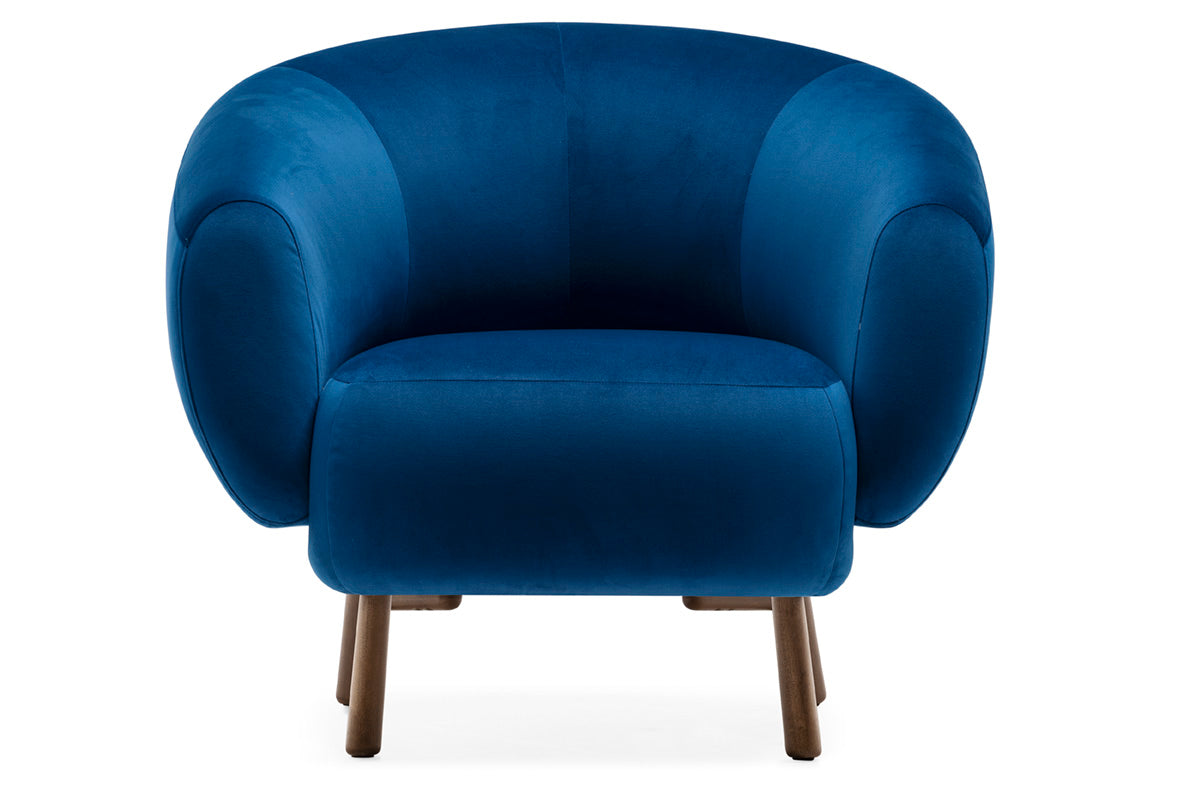 Upholstered RIO armchair with a dark wooden base