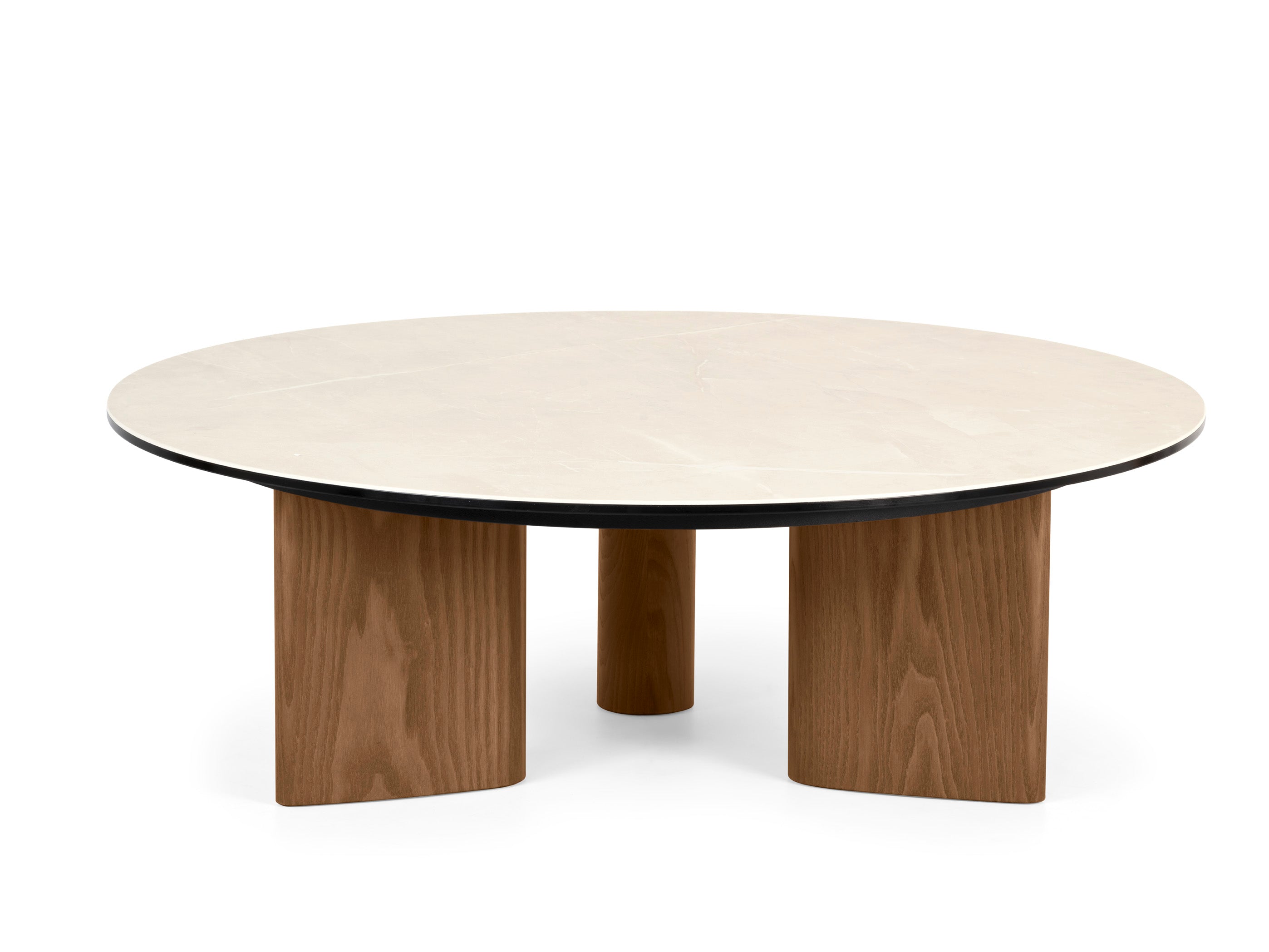 Ronde salontafel SANDY beige keramiek met notenhouten basis