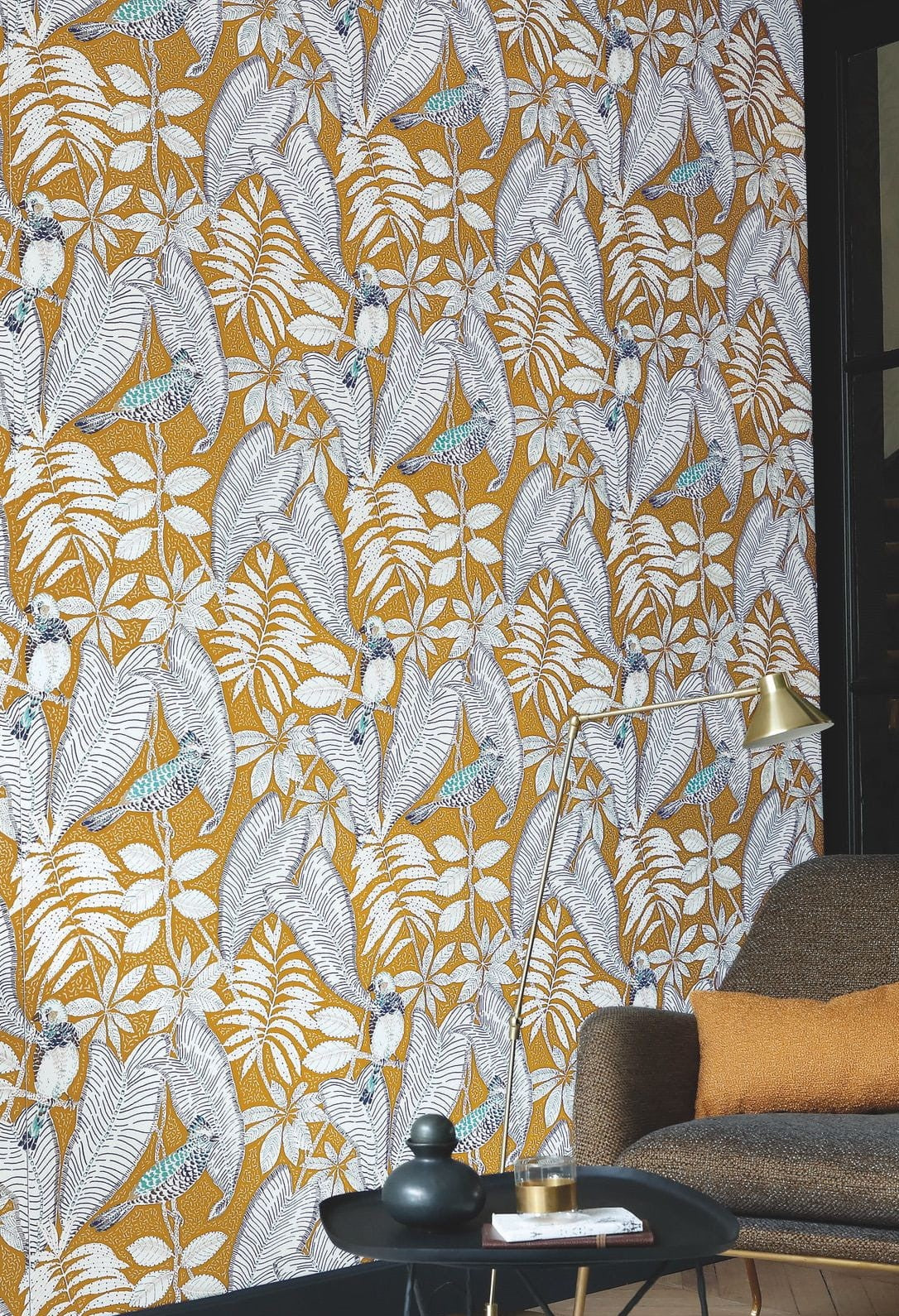 Structural wallpaper with a palm leaf plant motif SIBIA - MUSTARD yellow with white