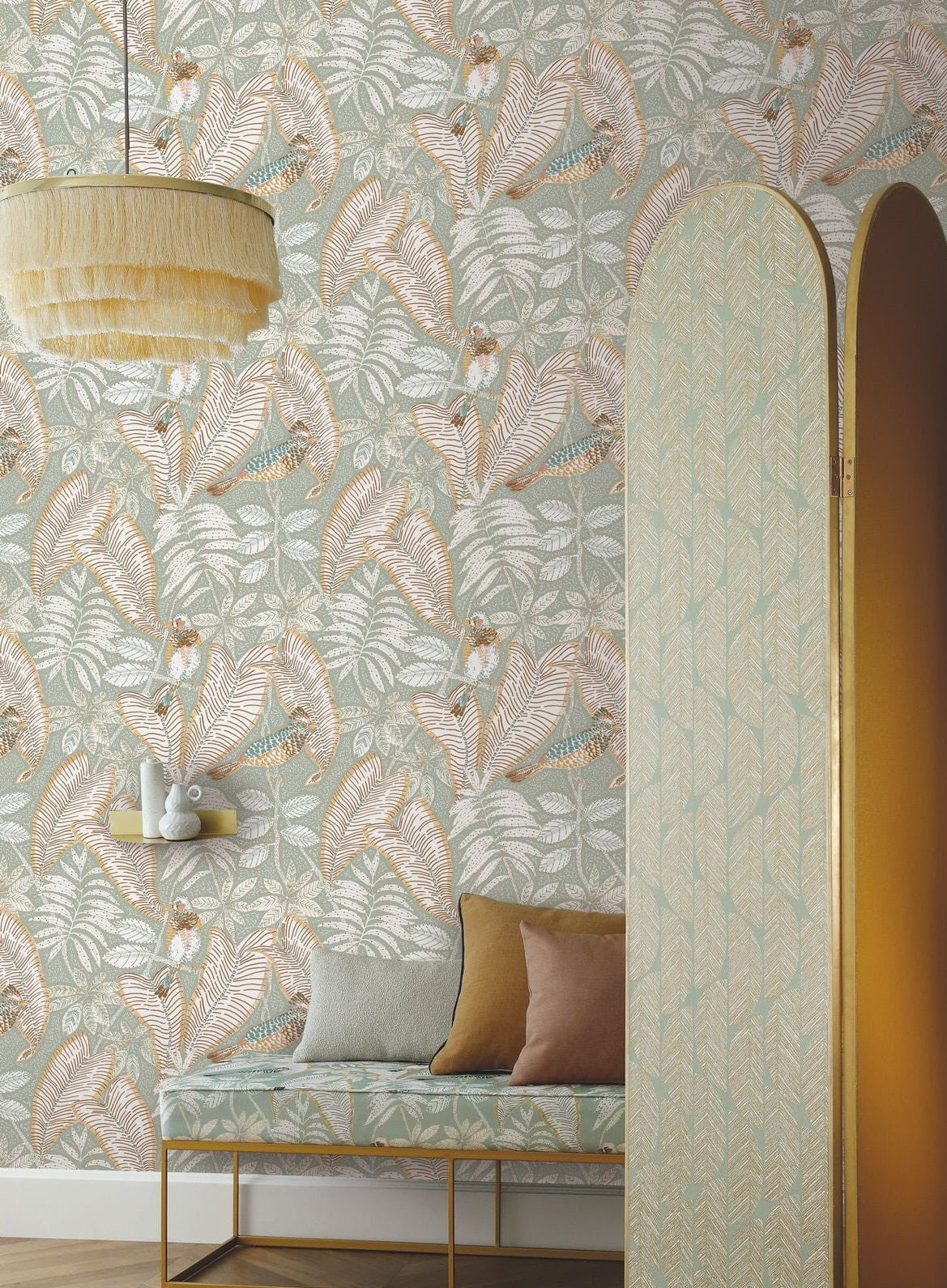 Structural wallpaper with a palm leaf plant motif SIBIA - MARINE navy blue with white