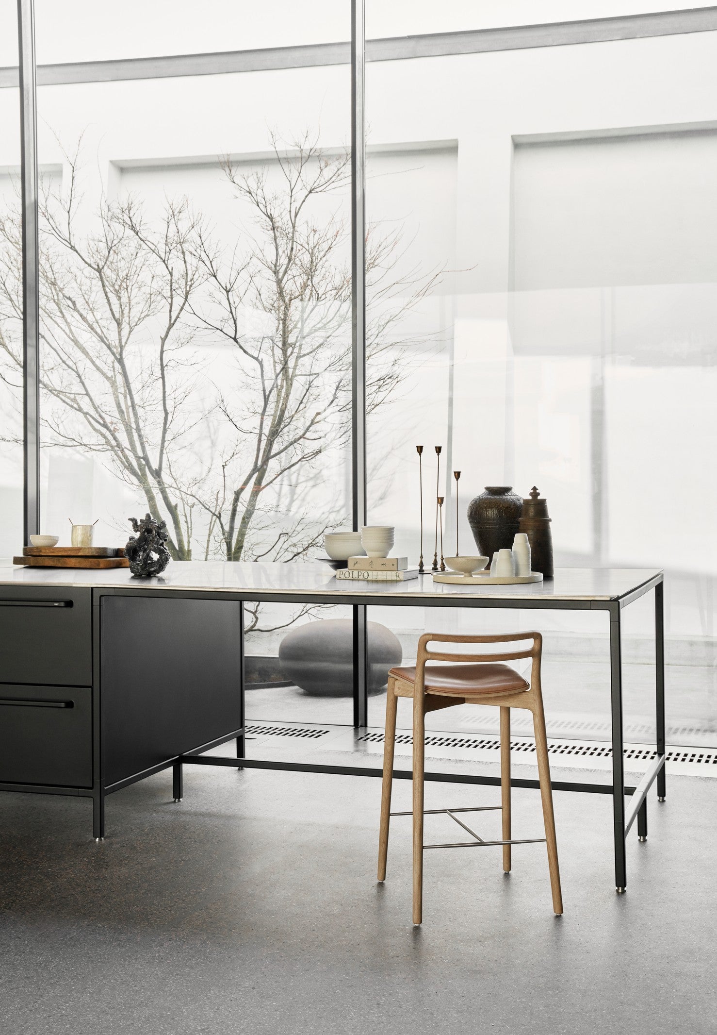 Cabin Stool in Caramel Leather with Light Oak Base