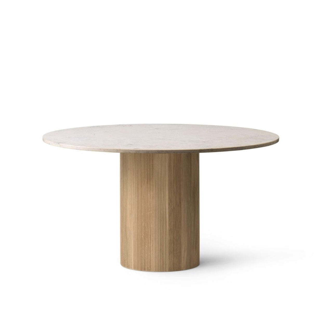 Ronde tafel CABIN grijs kalksteenblad met lichte eiken basis
