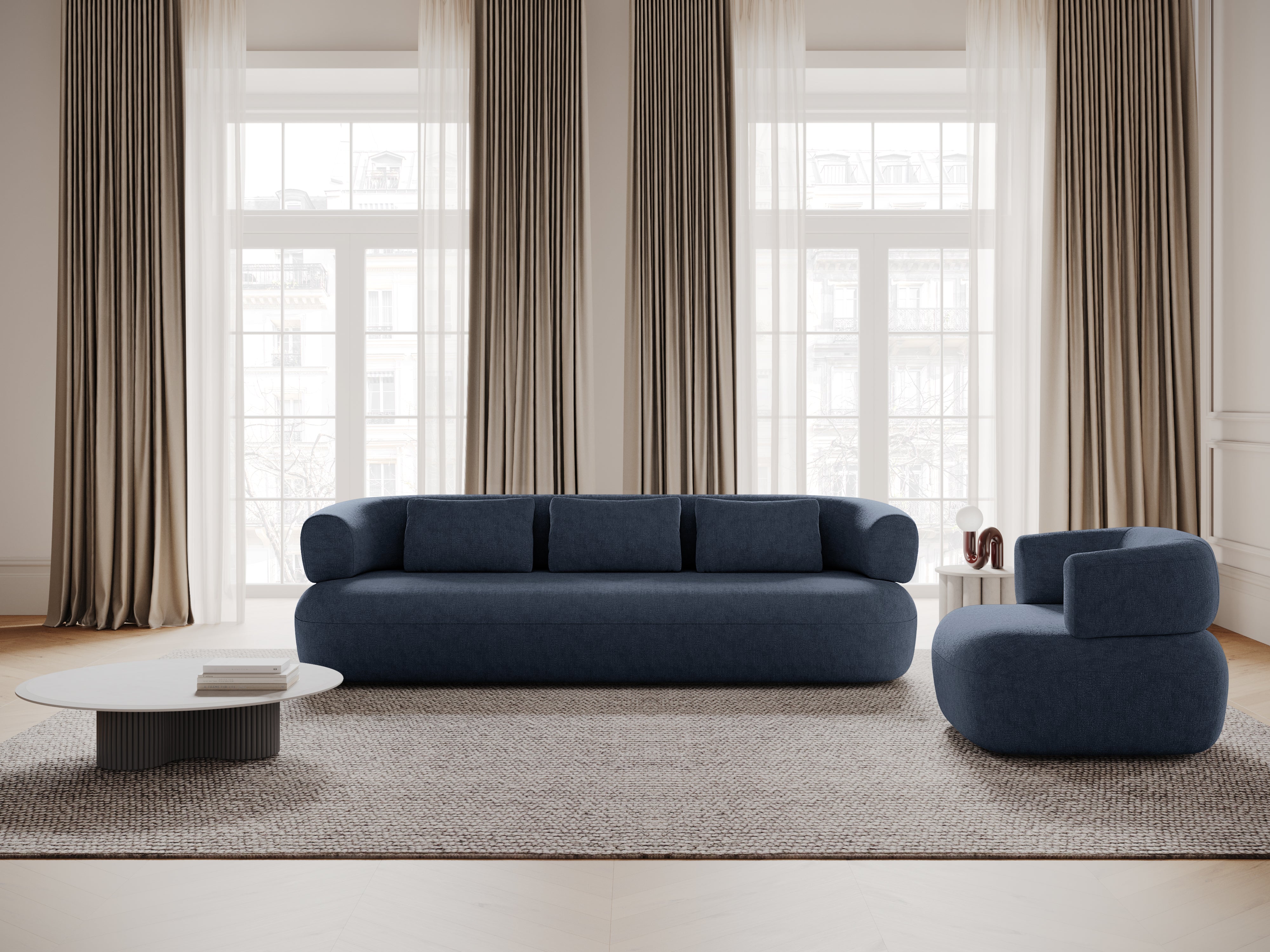 Driepersoons hoekbank rechts ALDRIN in marineblauwe chenille