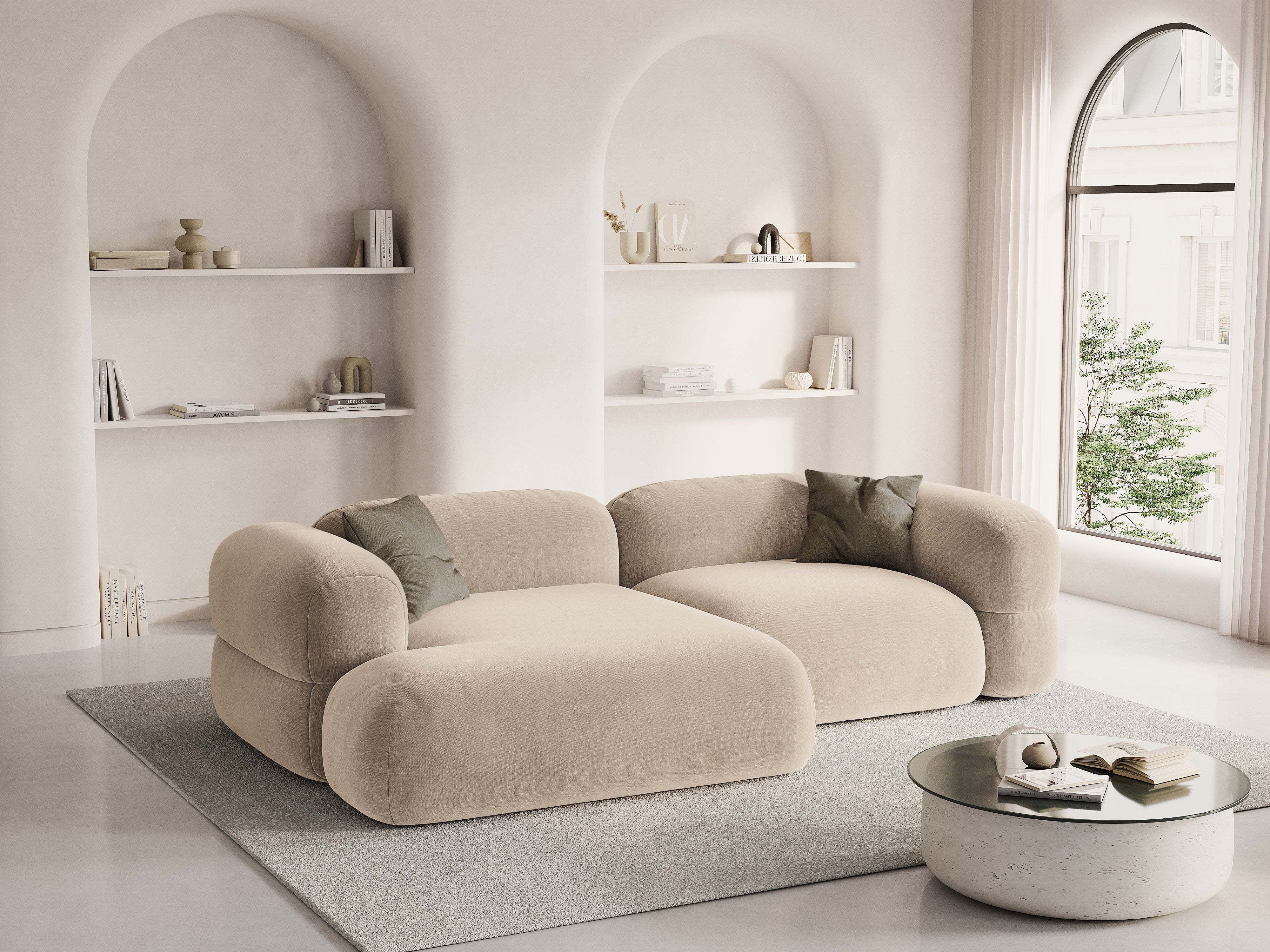 Left-facing velvet corner sofa ROGER light beige