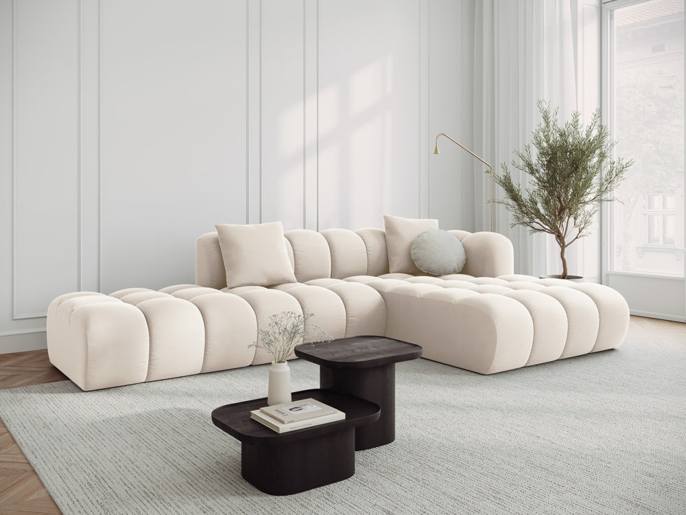 Velours hoekbank voor 5 personen rechts HALLEY lichtbeige
