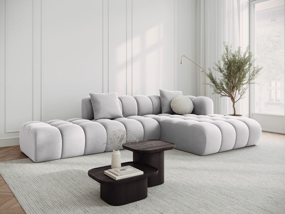 Fluwelen hoekbank voor 5 personen, rechtsdraaiend HALLEY, zilver