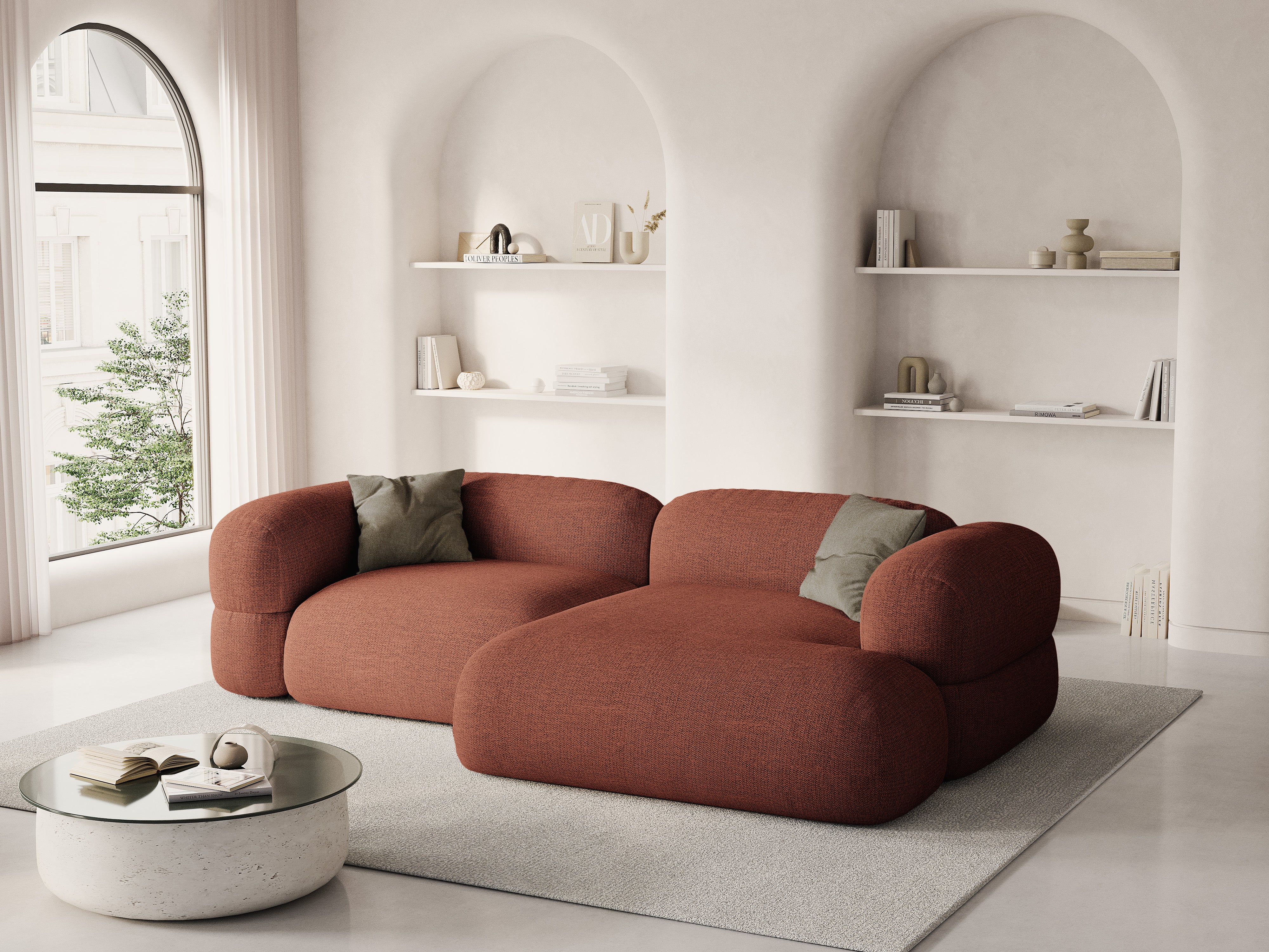 Rechtsseitige Eckcouch ROGER korallenfarbener Chenille