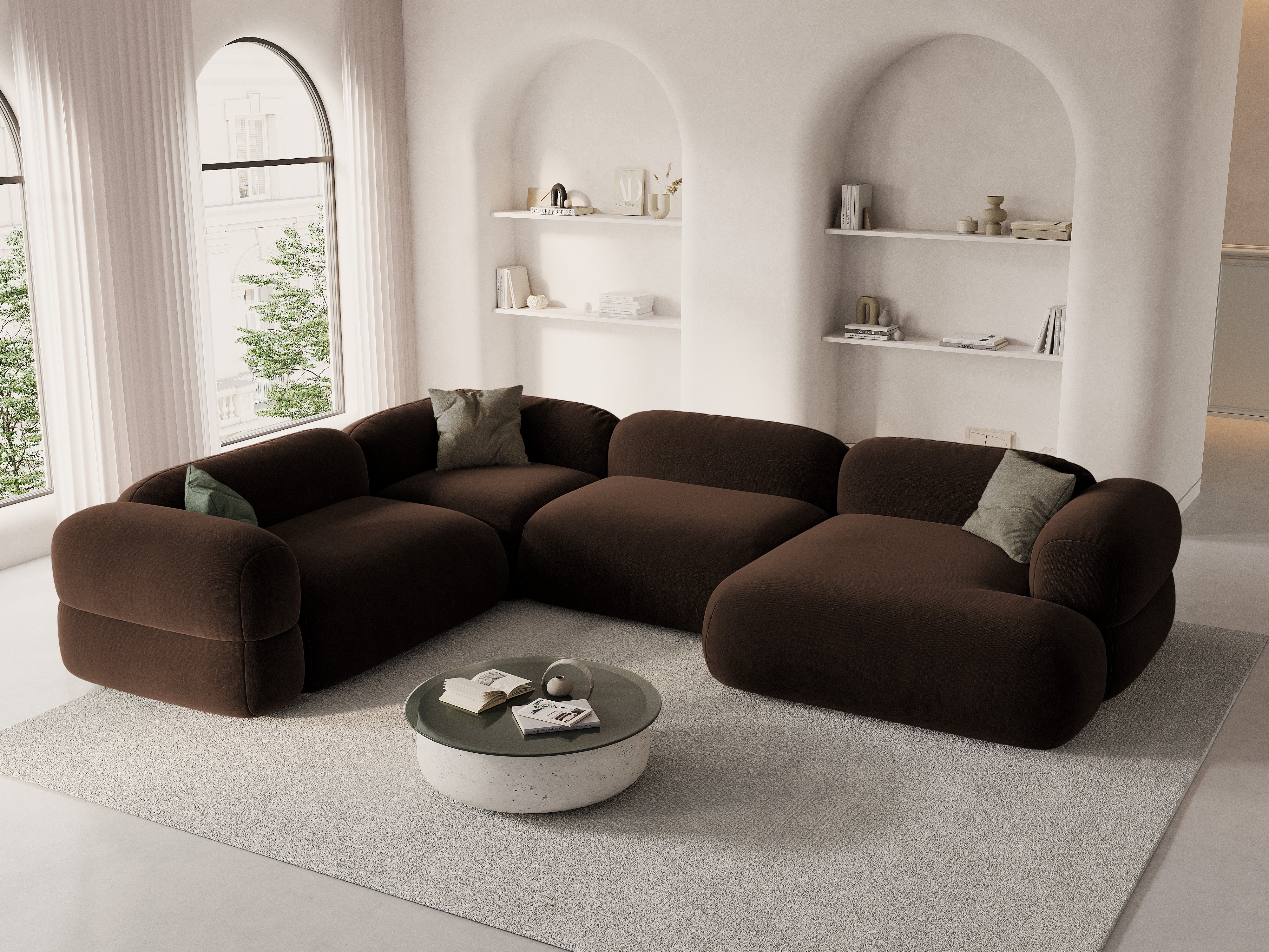 Left-facing U-shaped velvet corner sofa ROGER chocolate