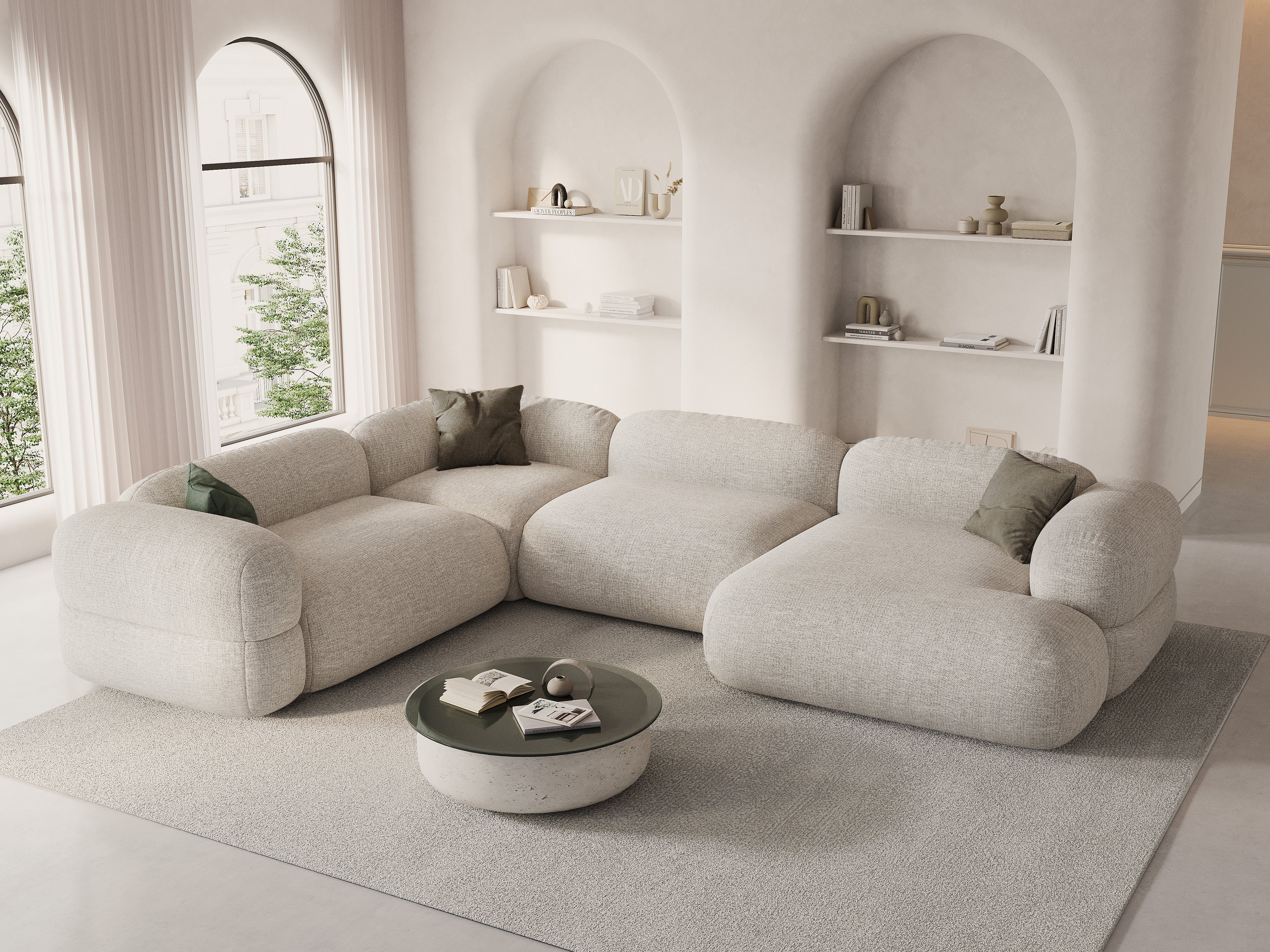 Left-facing U-shaped Corner Sofa ROGER beige chenille