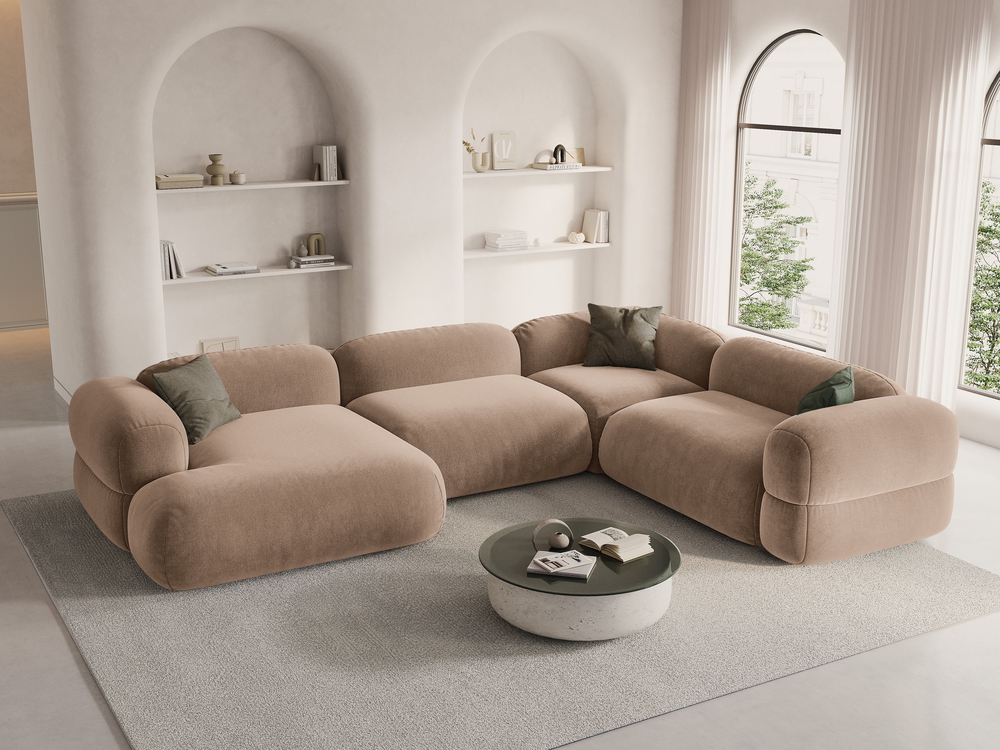 Samt-U-Form-Ecksofa rechts ROGER dunkelbeige