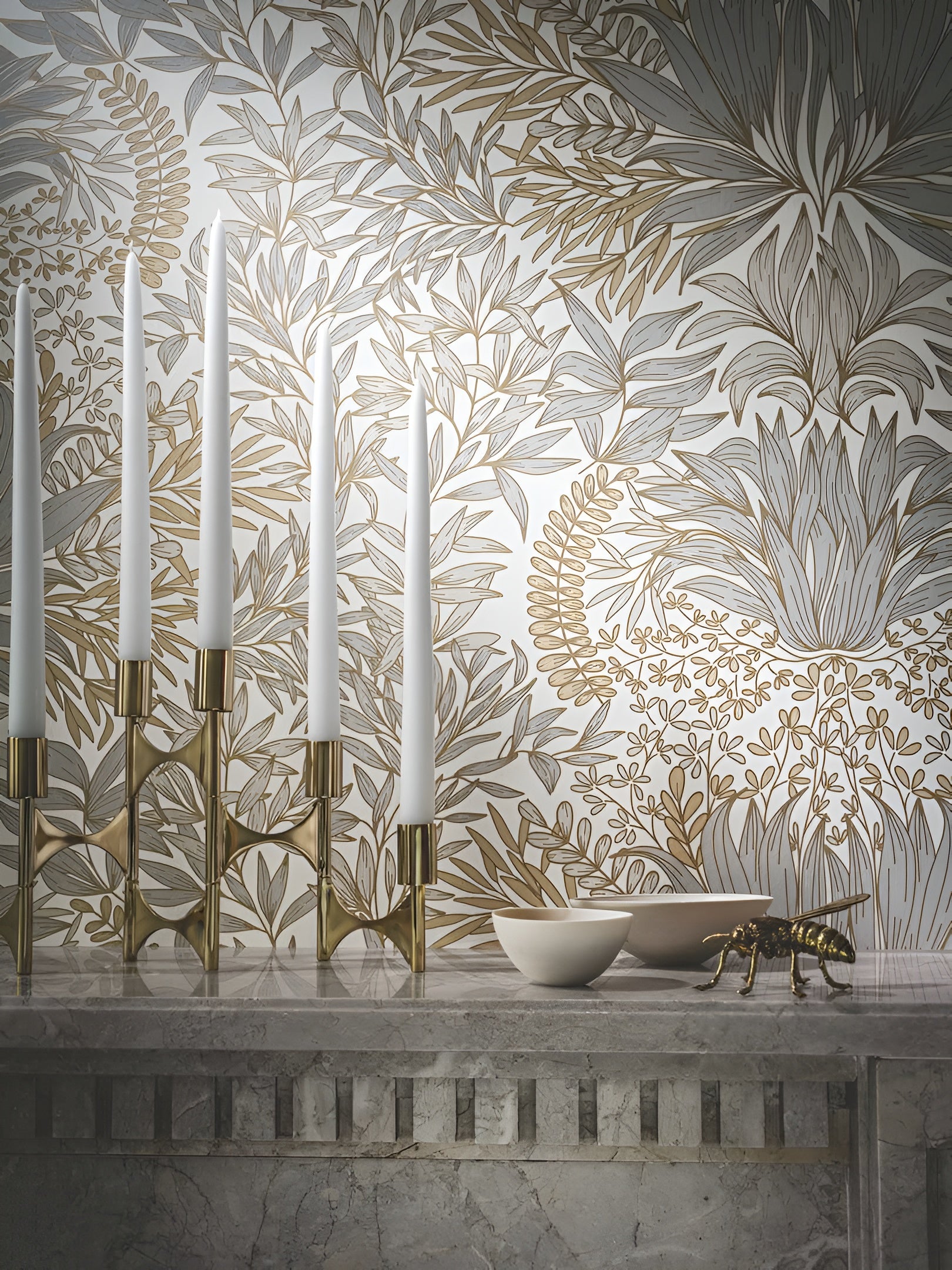 Tapete mit Pflanzenmotiv CHARDON - WEISS/GOLD weiß mit goldenen Akzenten