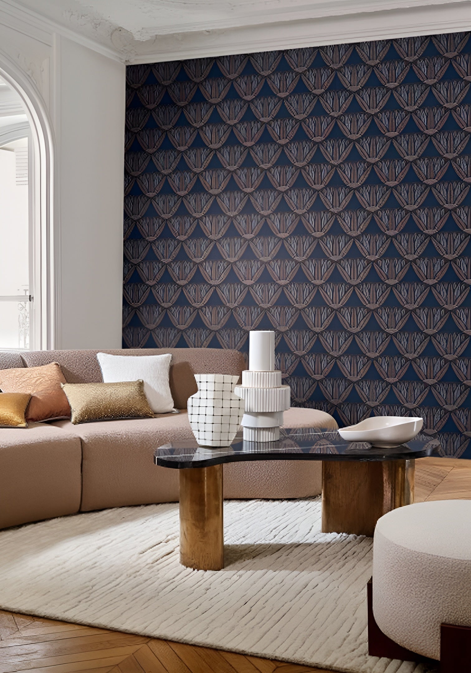 CASTALIA Lotus Flower Plant Motif Wallpaper - MARINE/TERRACOTTA Navy with Terracotta