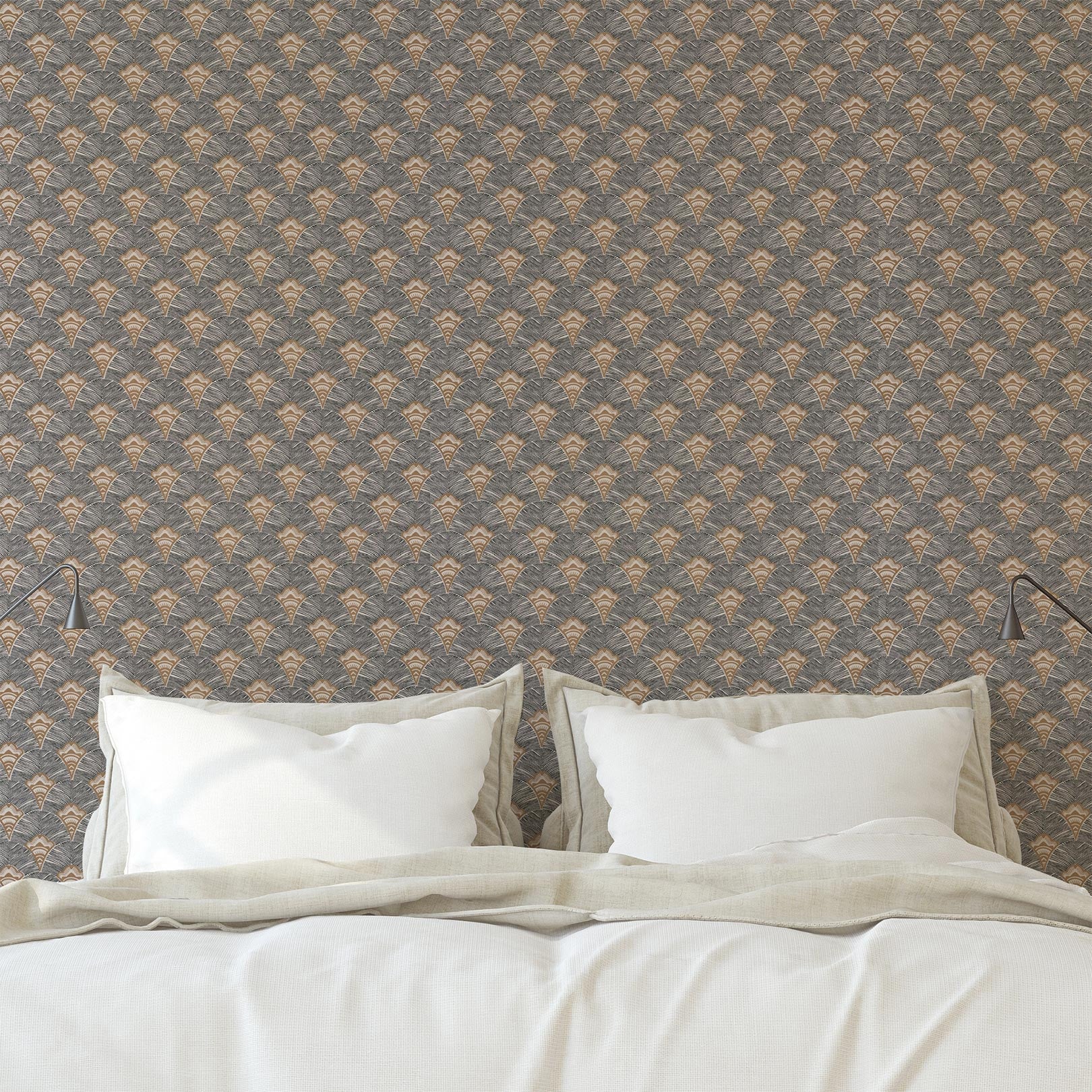 Structural wallpaper with an abstract fan pattern ADENIUM - MORDORE gray with gold