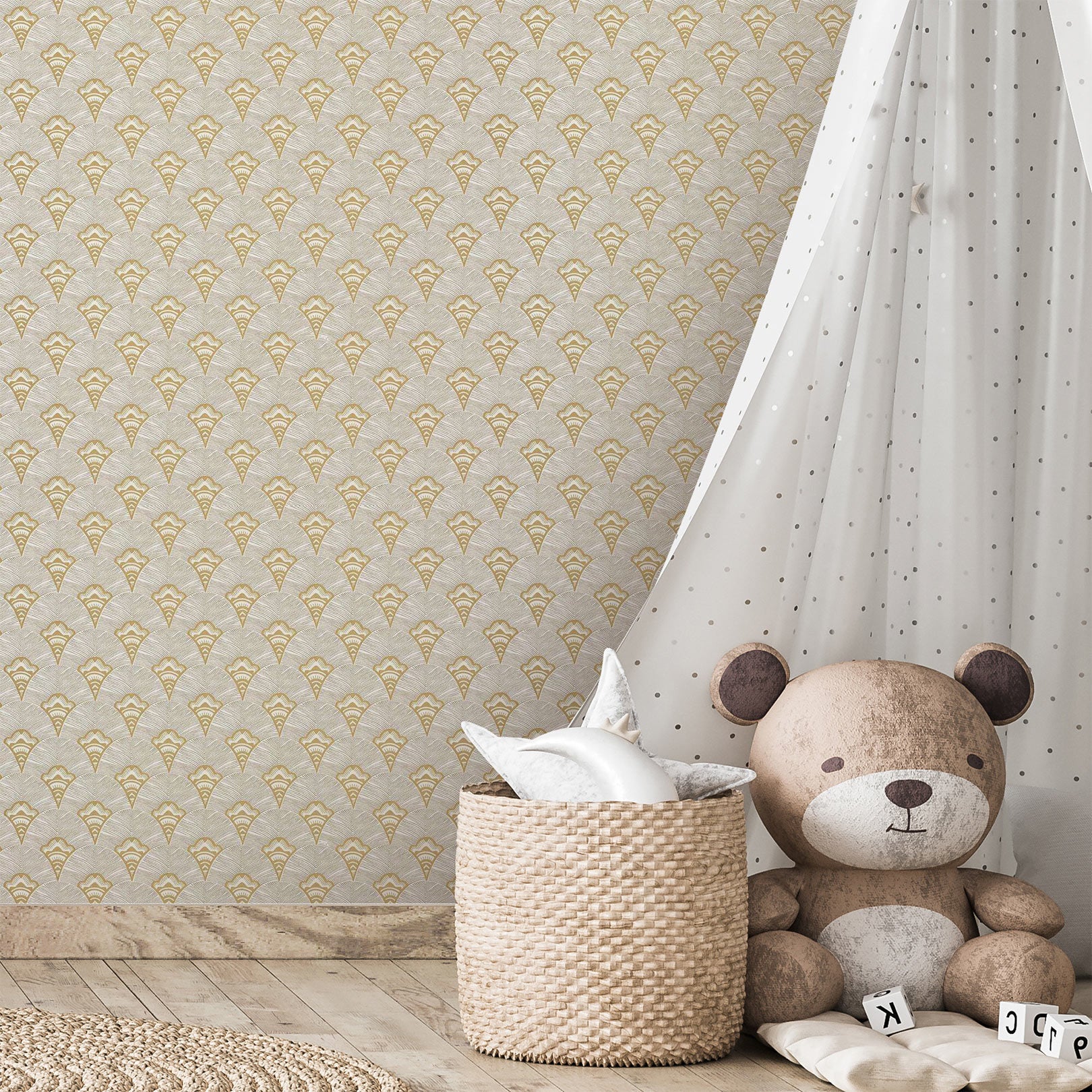 Strukturtapete mit abstraktem Fächerdesign ADENIUM - SABLE sandfarben mit Gold