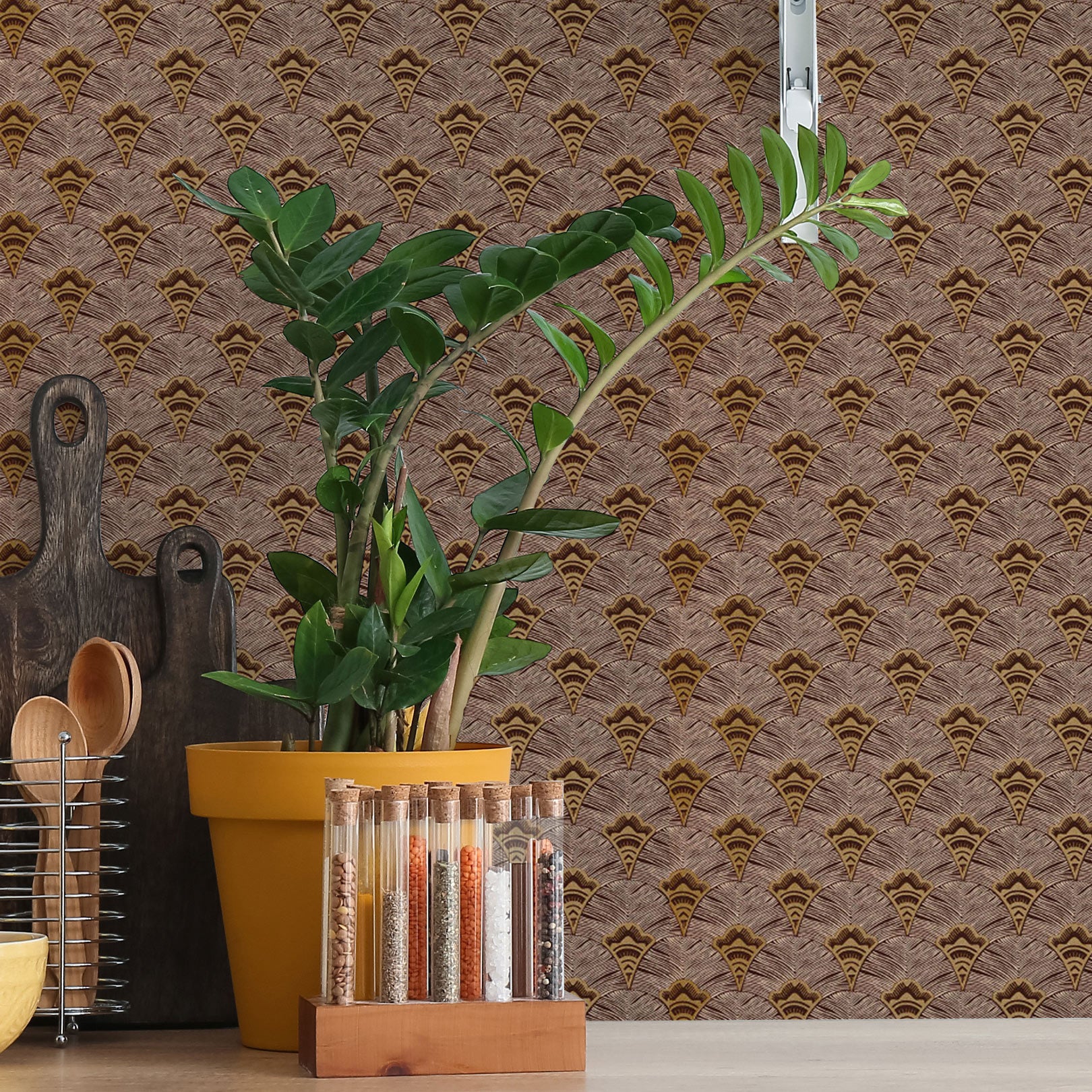 Structuurtapijt met abstracte waaierpatroon ADENIUM - ROUILLE roestbruin