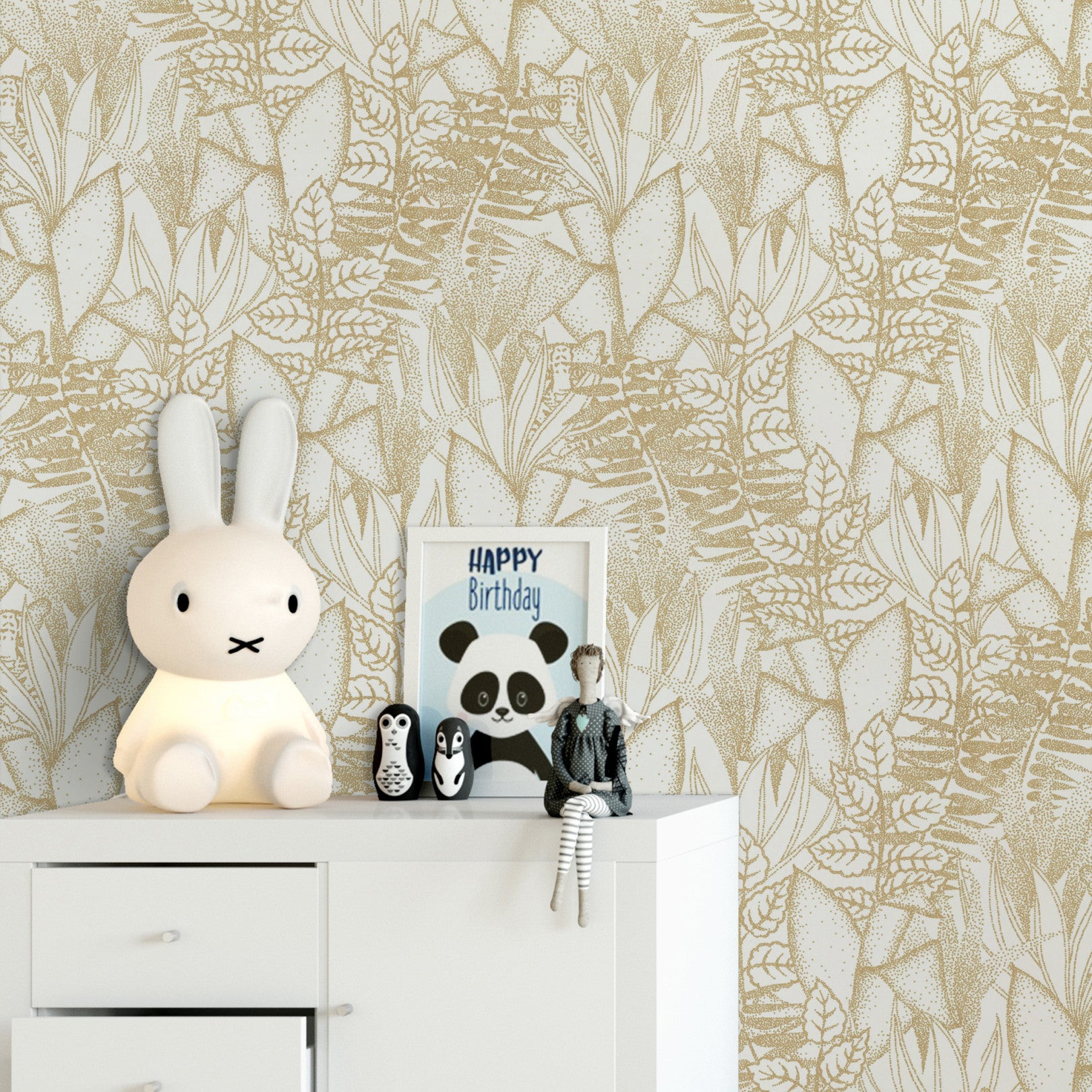 Structural wallpaper with a tropical leaf pattern ALTAICA - MARINE navy blue with gold