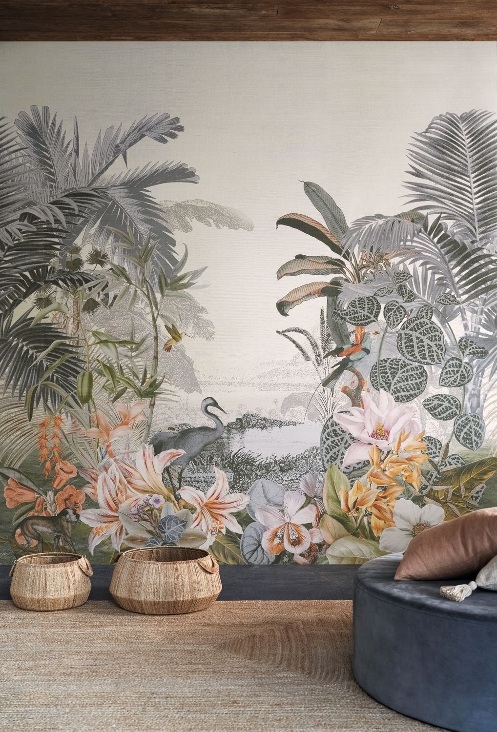 Muurschildering textiel met exotisch landschap PARAIBA groen-blauw met beige