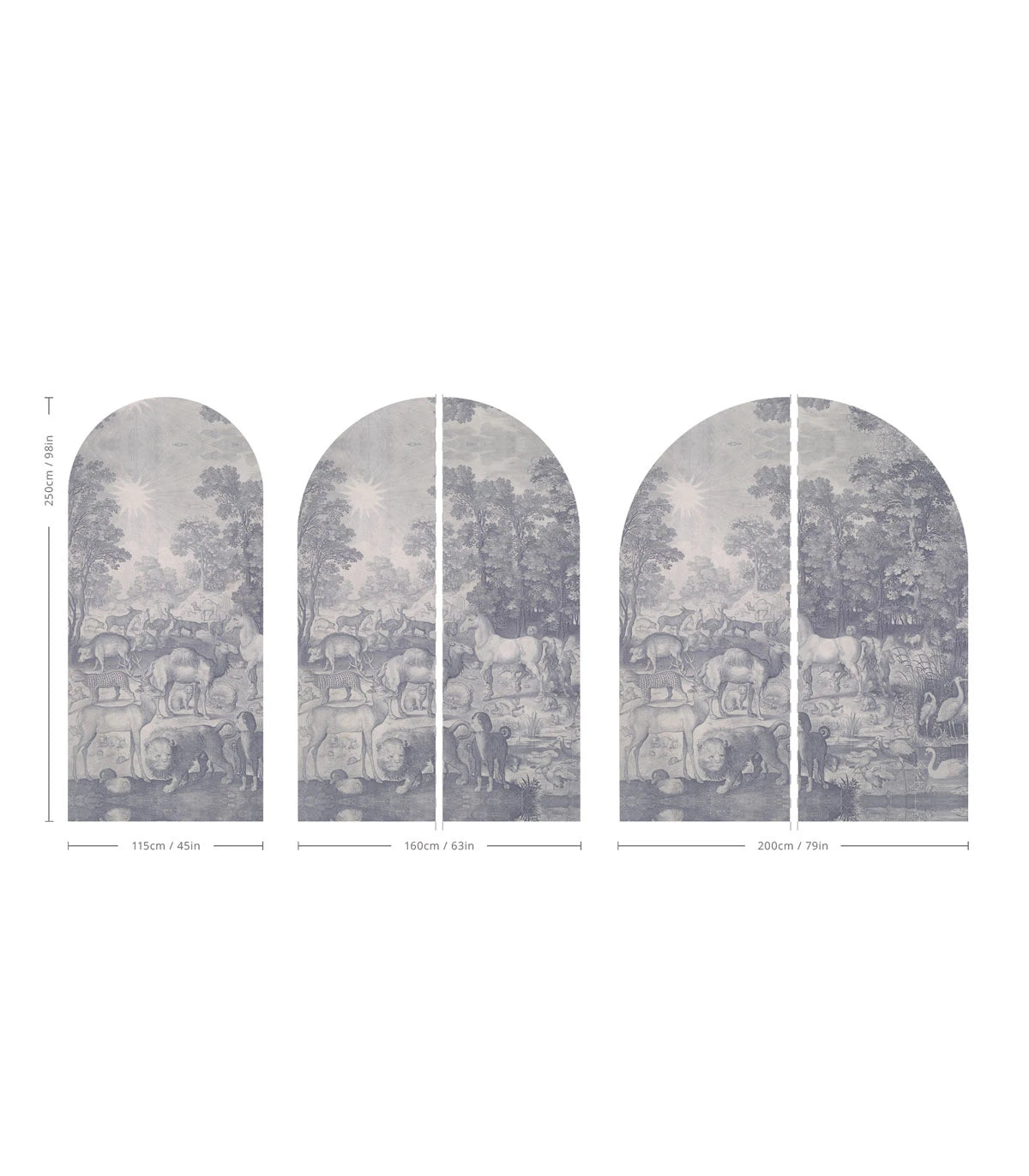 Mural flizelinowy w kształcie łuku FAUNA FRESCO zgaszony niebieski