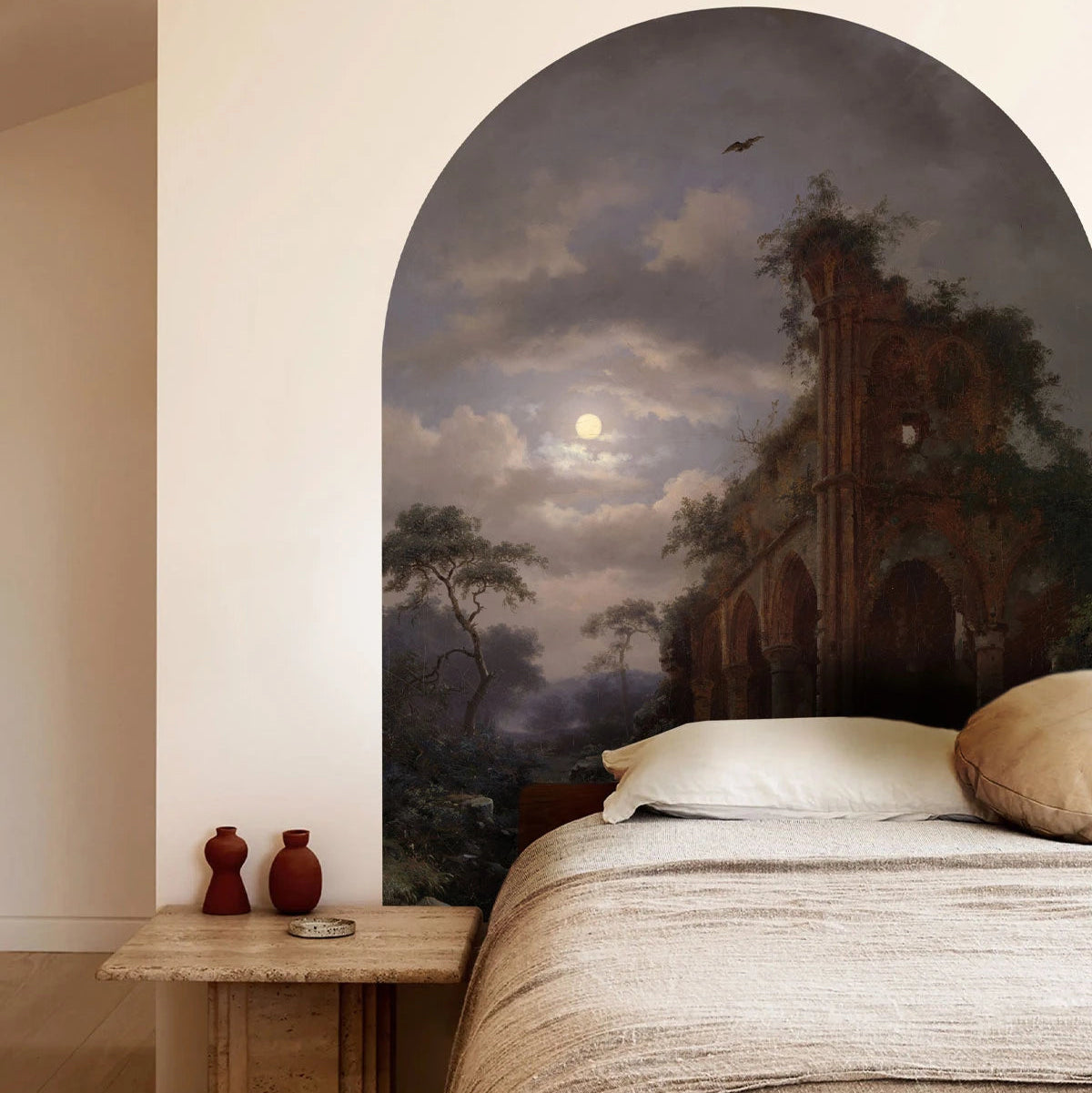 Boogvormige muurschildering met landschap MOONLIT RUINS bruin met blauw