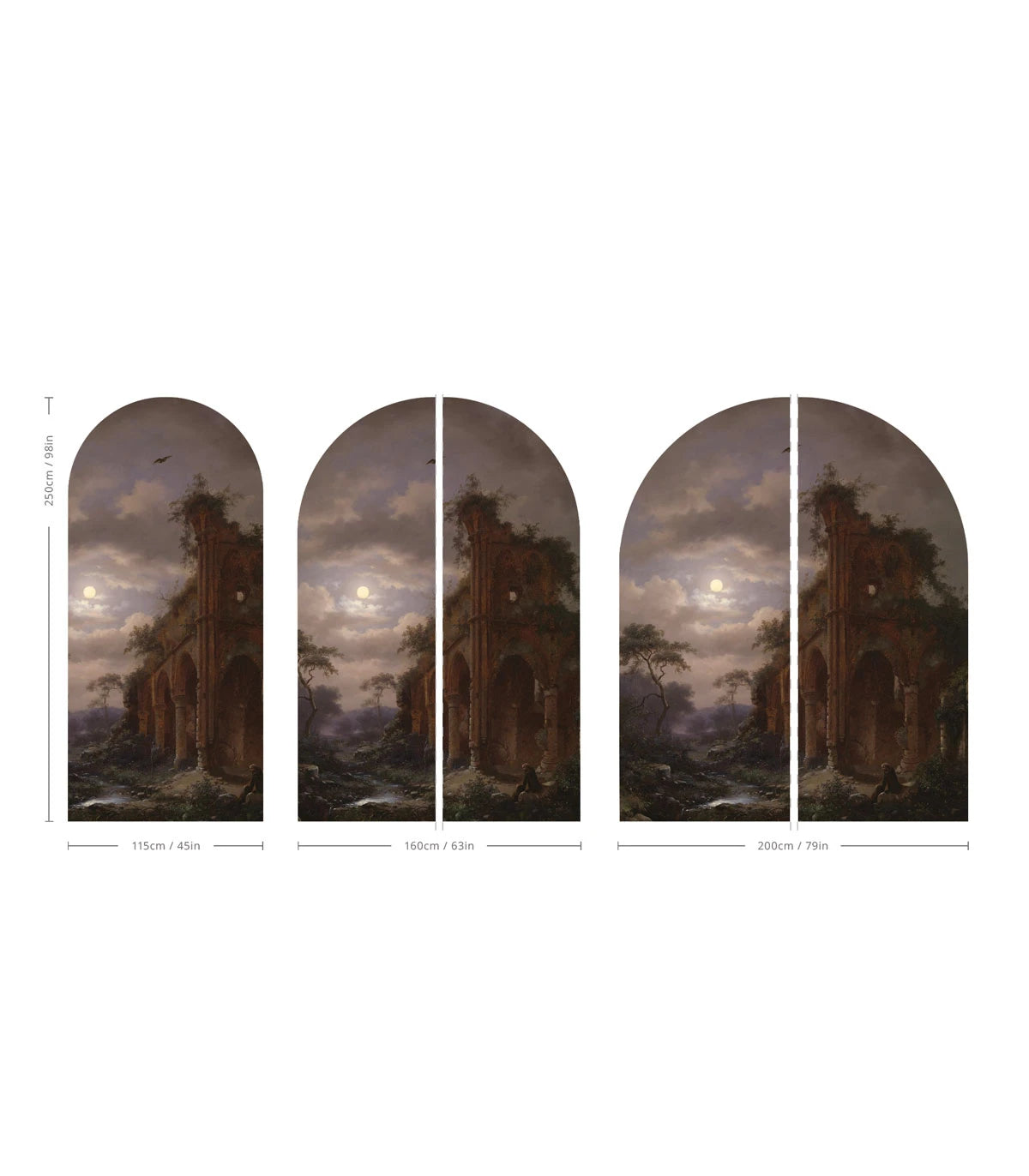 Boogvormige muurschildering met landschap MOONLIT RUINS bruin met blauw