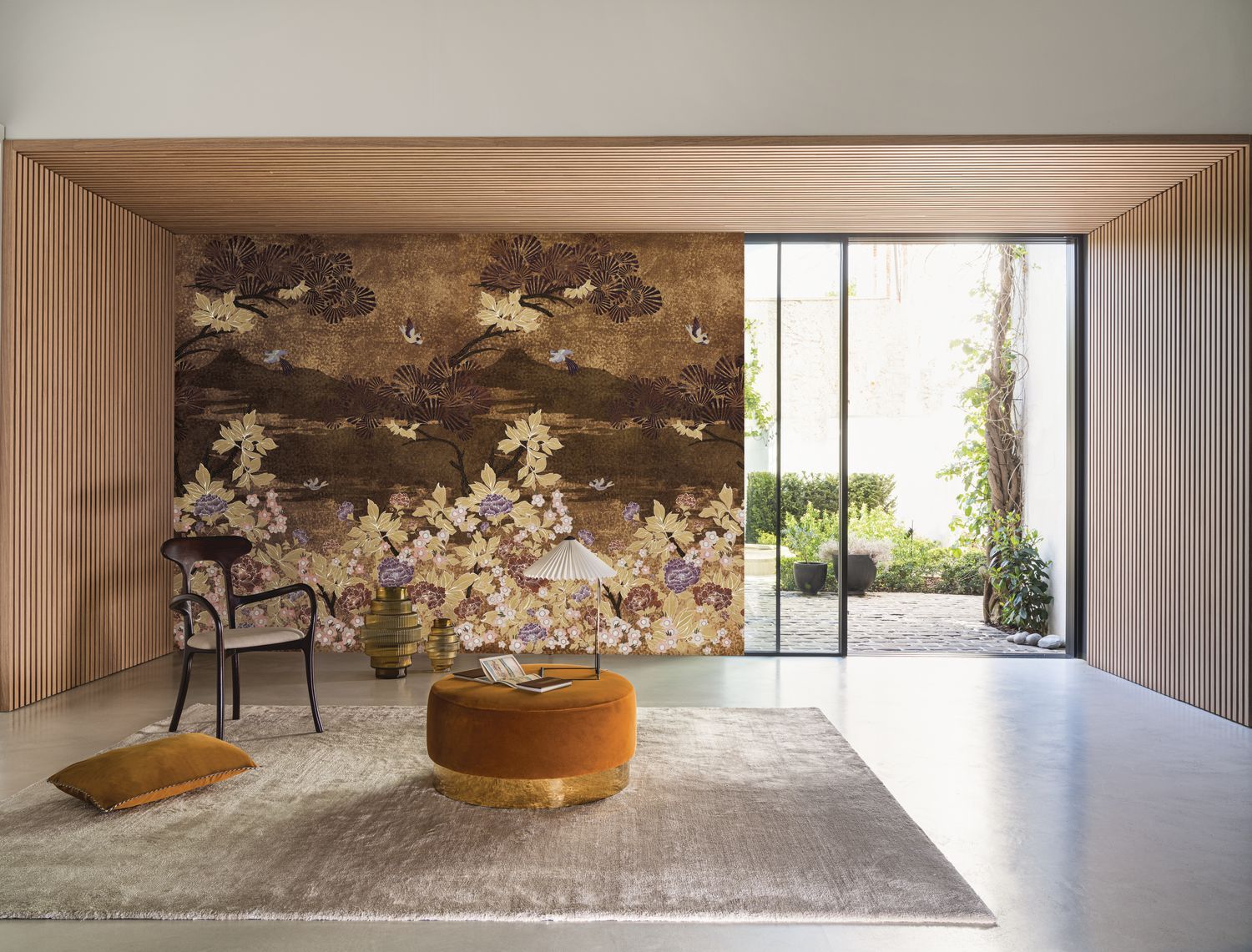 Muurschildering met plantmotief bladeren KANSAI - KOPER/GOUDE bruin met goud