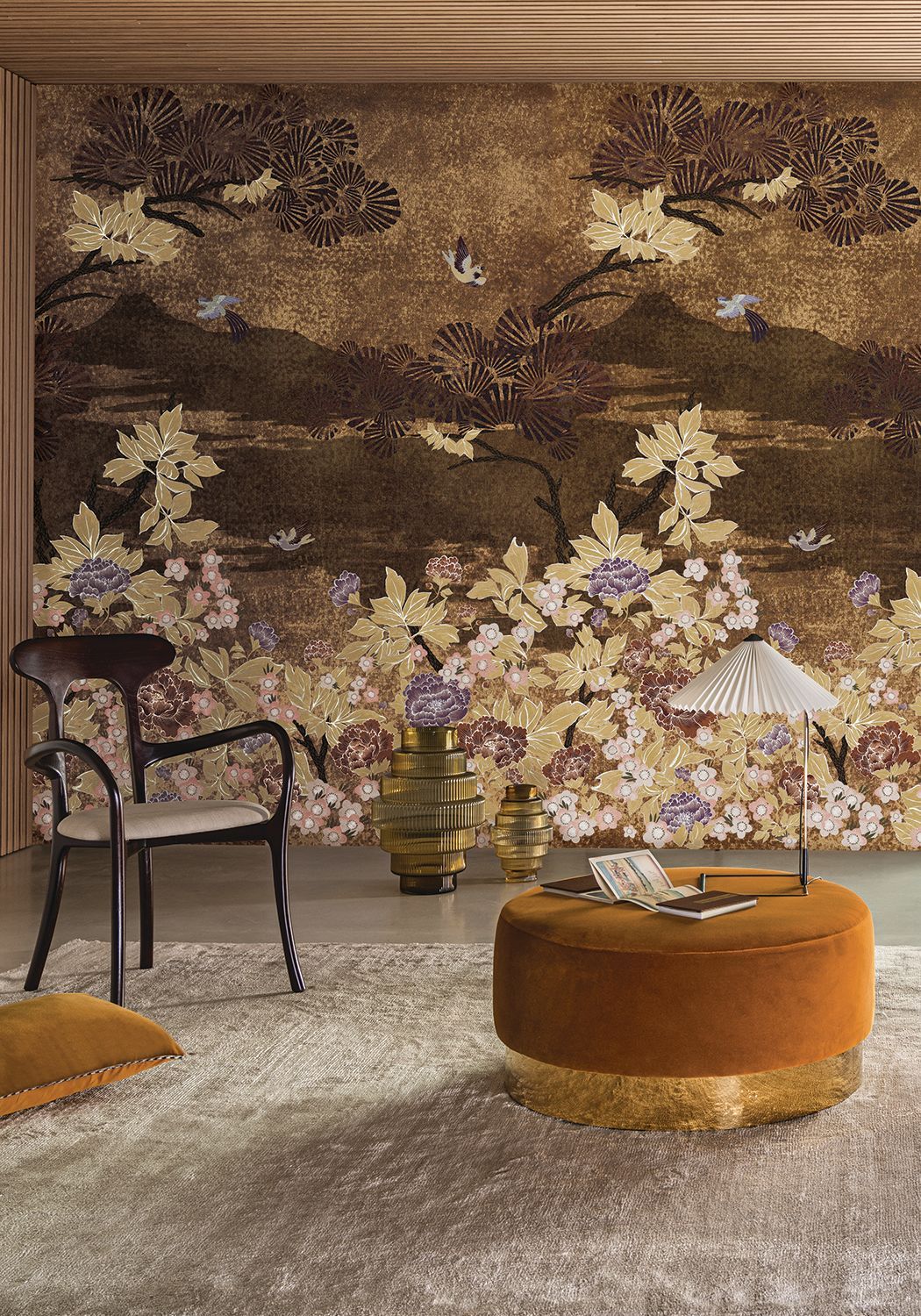 Muurschildering met plantmotief bladeren KANSAI - KOPER/GOUDE bruin met goud