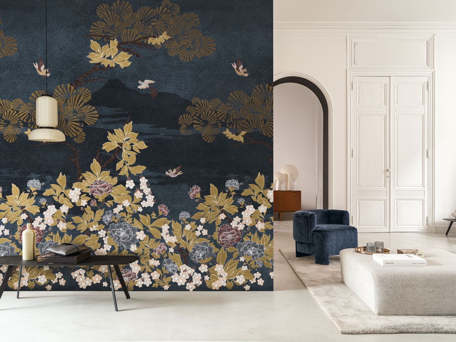 Muurschildering met plantmotief bladeren KANSAI - BLEU/DORÉ marineblauw met goud