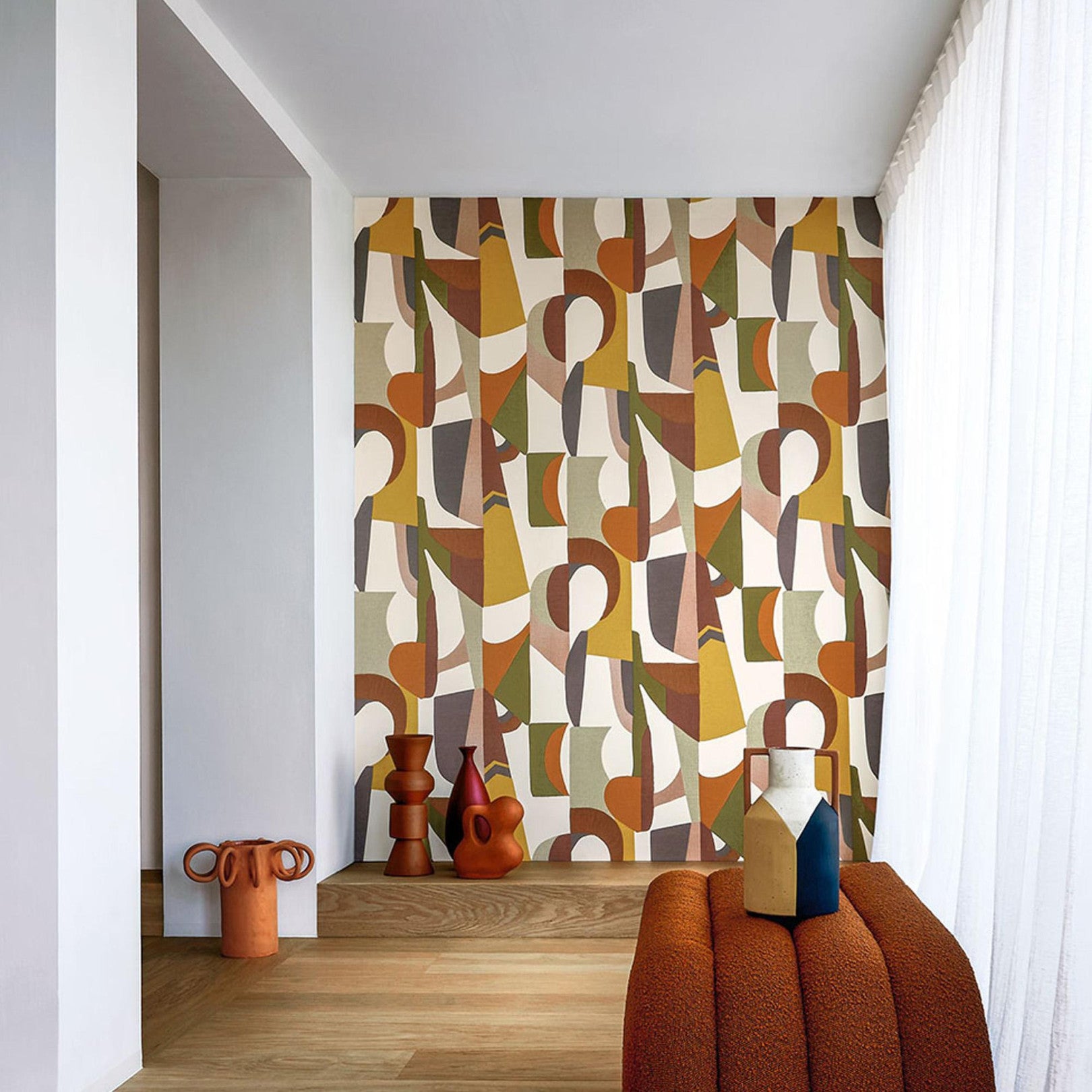 Structural wallpaper with abstract pattern ASSEMBLAGE - WHITE/MULTICO mustard with olive