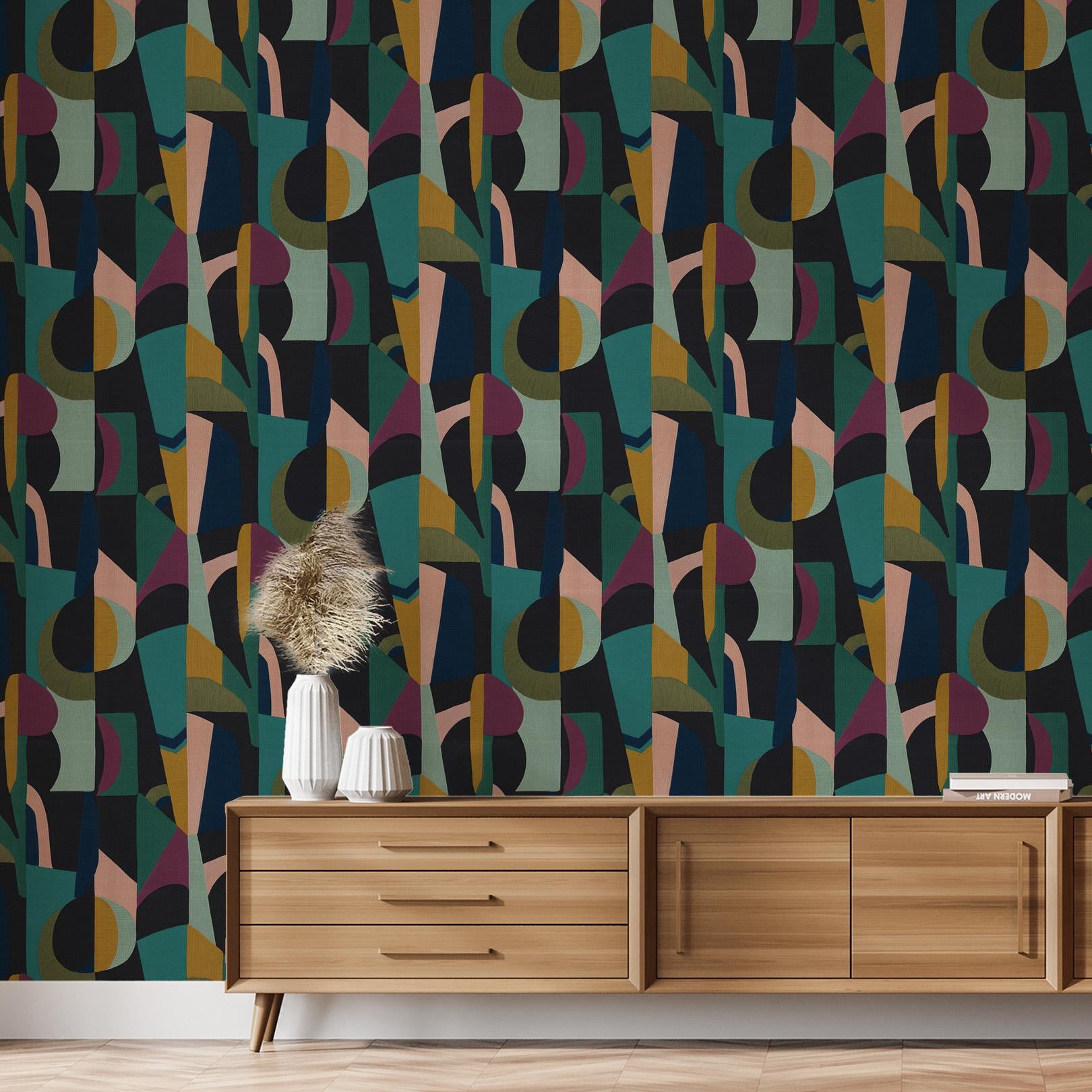 Structural wallpaper with abstract pattern ASSEMBLAGE - NOIR/MULTICO black with blue