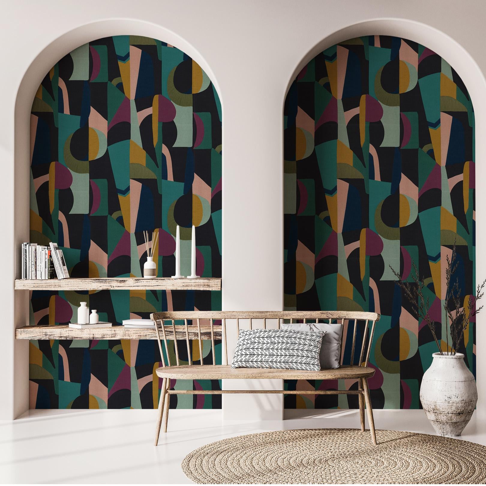 Structural wallpaper with abstract pattern ASSEMBLAGE - NOIR/MULTICO black with blue