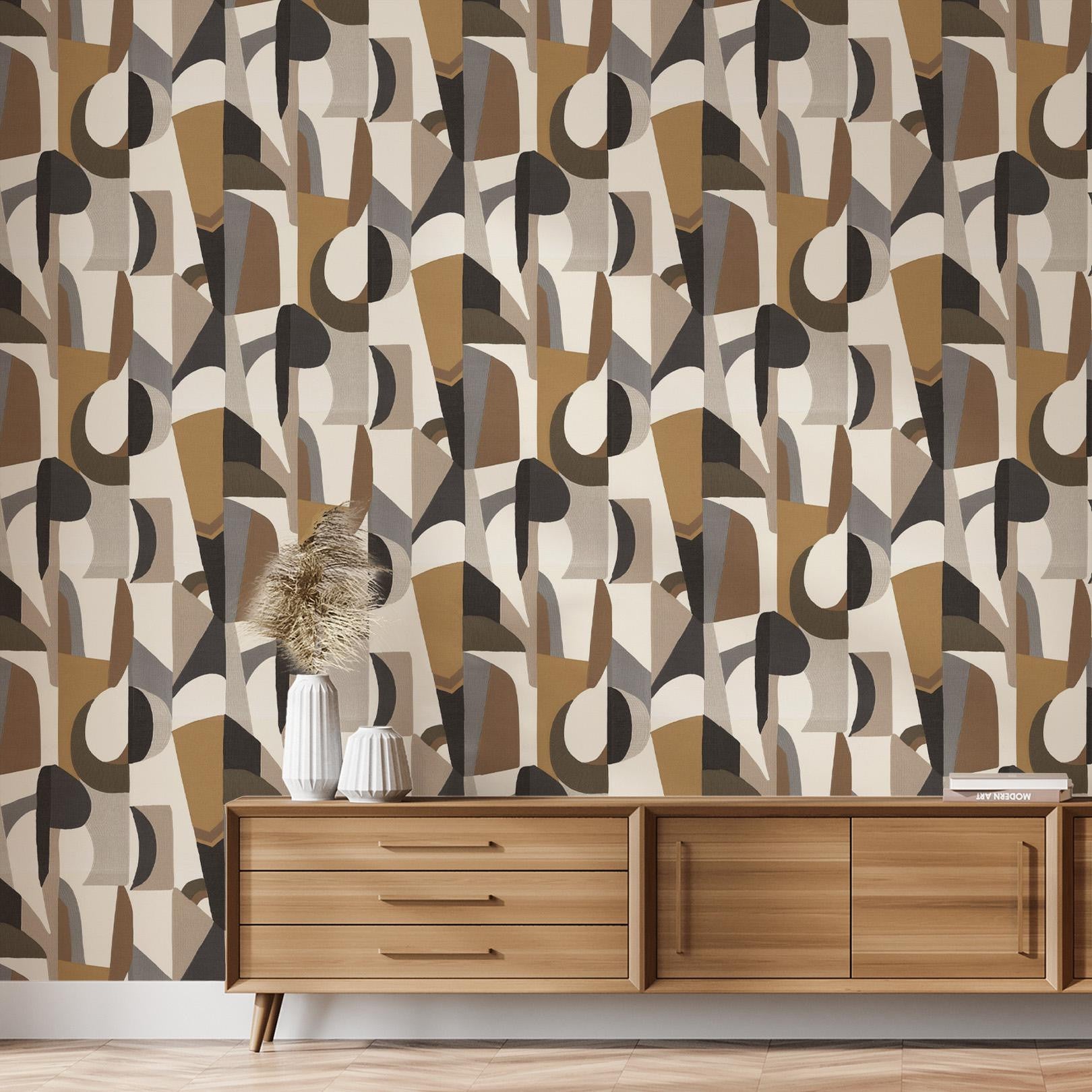 Structural wallpaper with abstract pattern ASSEMBLAGE - WHITE/CHOCOLATE white with chocolate