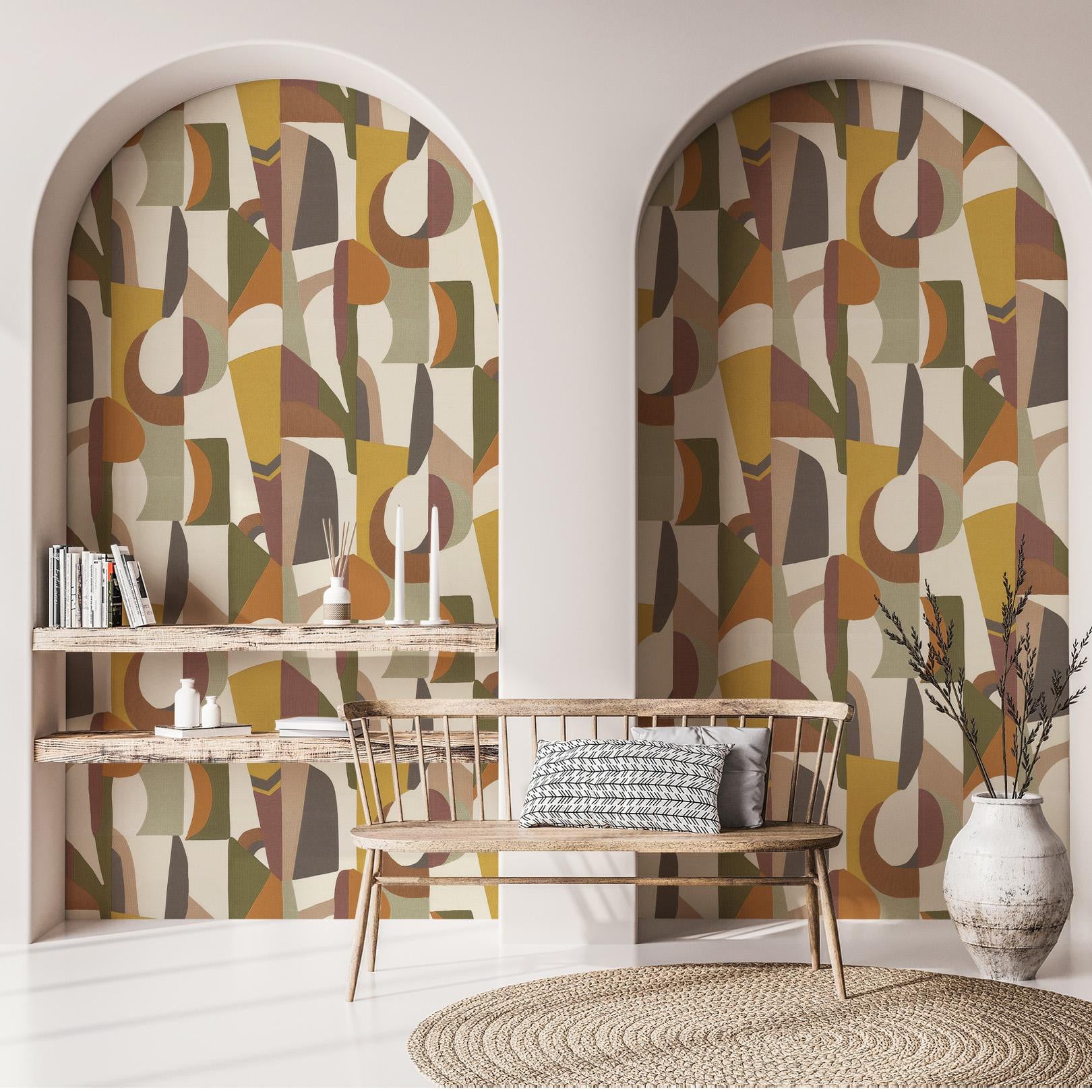 Structural wallpaper with abstract pattern ASSEMBLAGE - WHITE/MULTICO mustard with olive