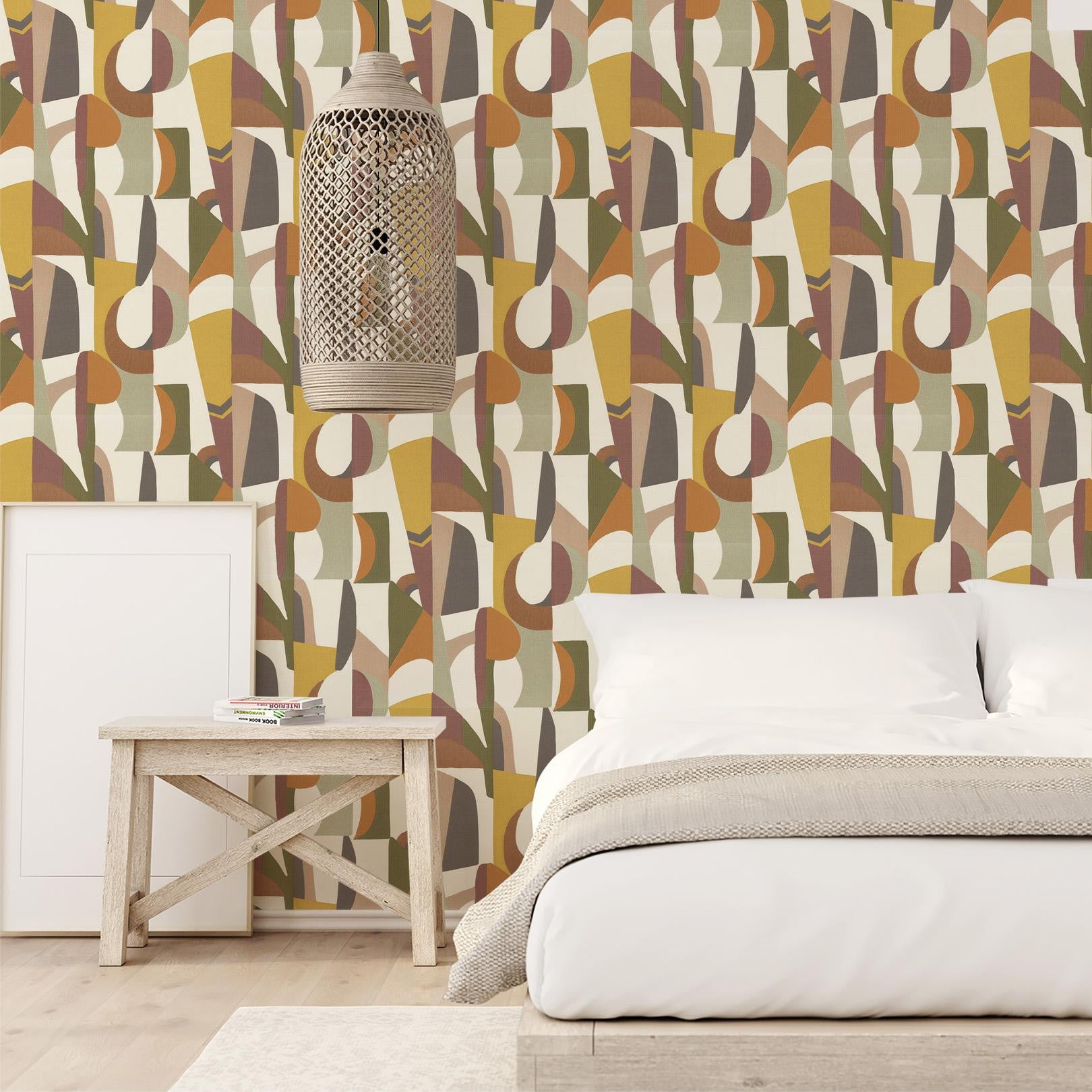 Structural wallpaper with abstract pattern ASSEMBLAGE - WHITE/MULTICO mustard with olive