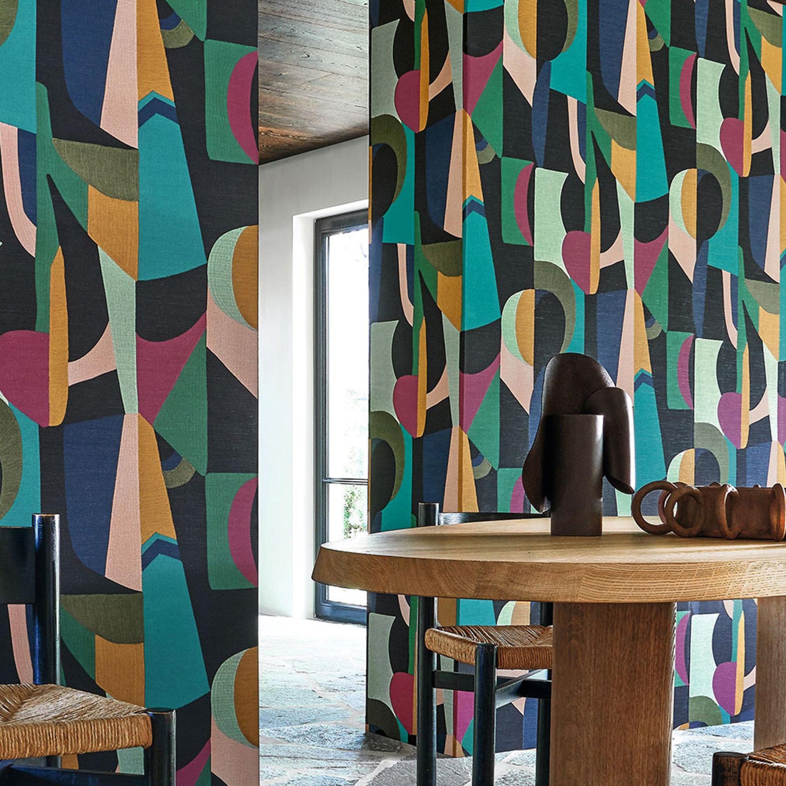 Structural wallpaper with abstract pattern ASSEMBLAGE - NOIR/MULTICO black with blue