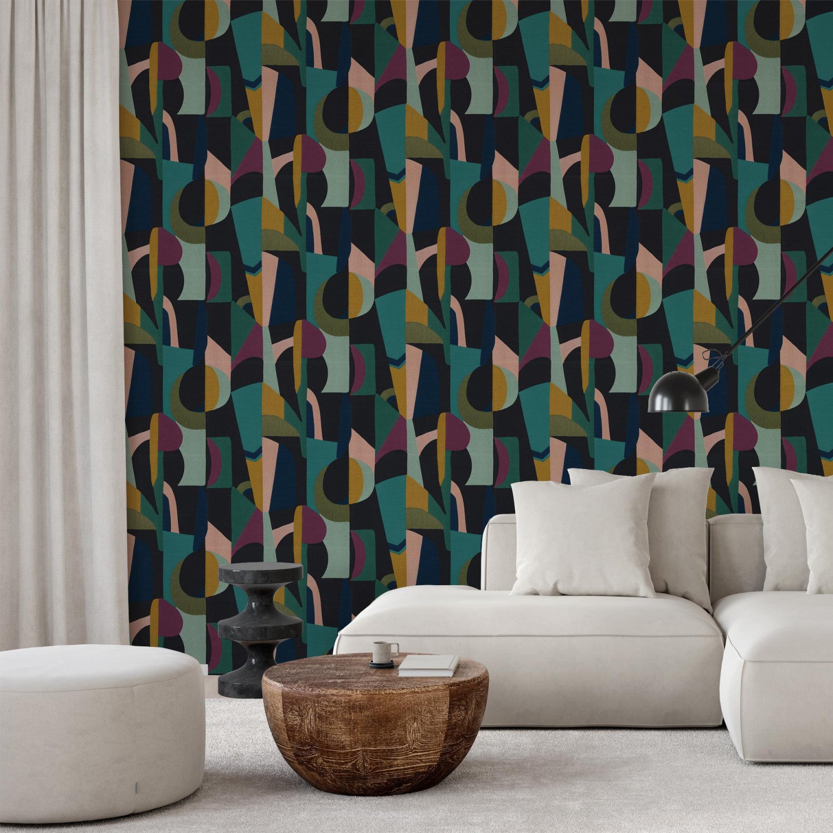 Structural wallpaper with abstract pattern ASSEMBLAGE - NOIR/MULTICO black with blue