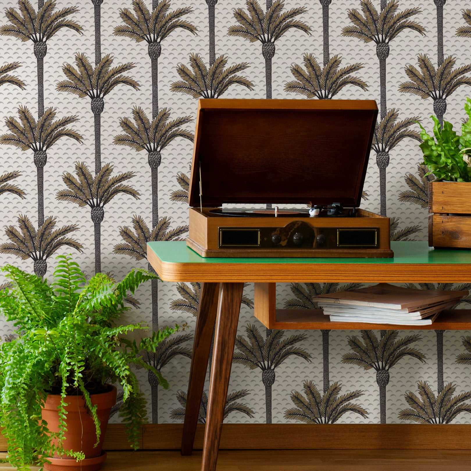 Structural wallpaper with a plant motif in palm ATLAS - IVORY ivory