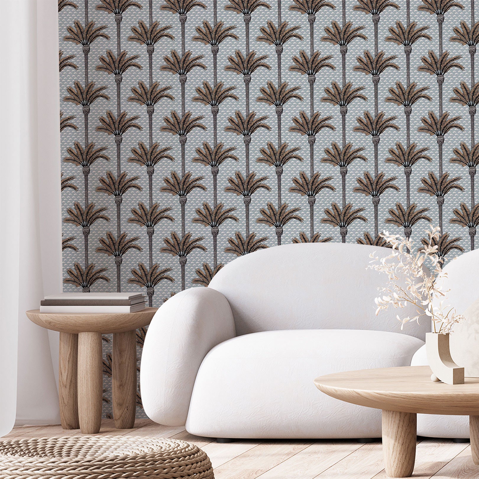Structural wallpaper with a plant motif in palm trees ATLAS - PIERRE BLEUE light blue with brown