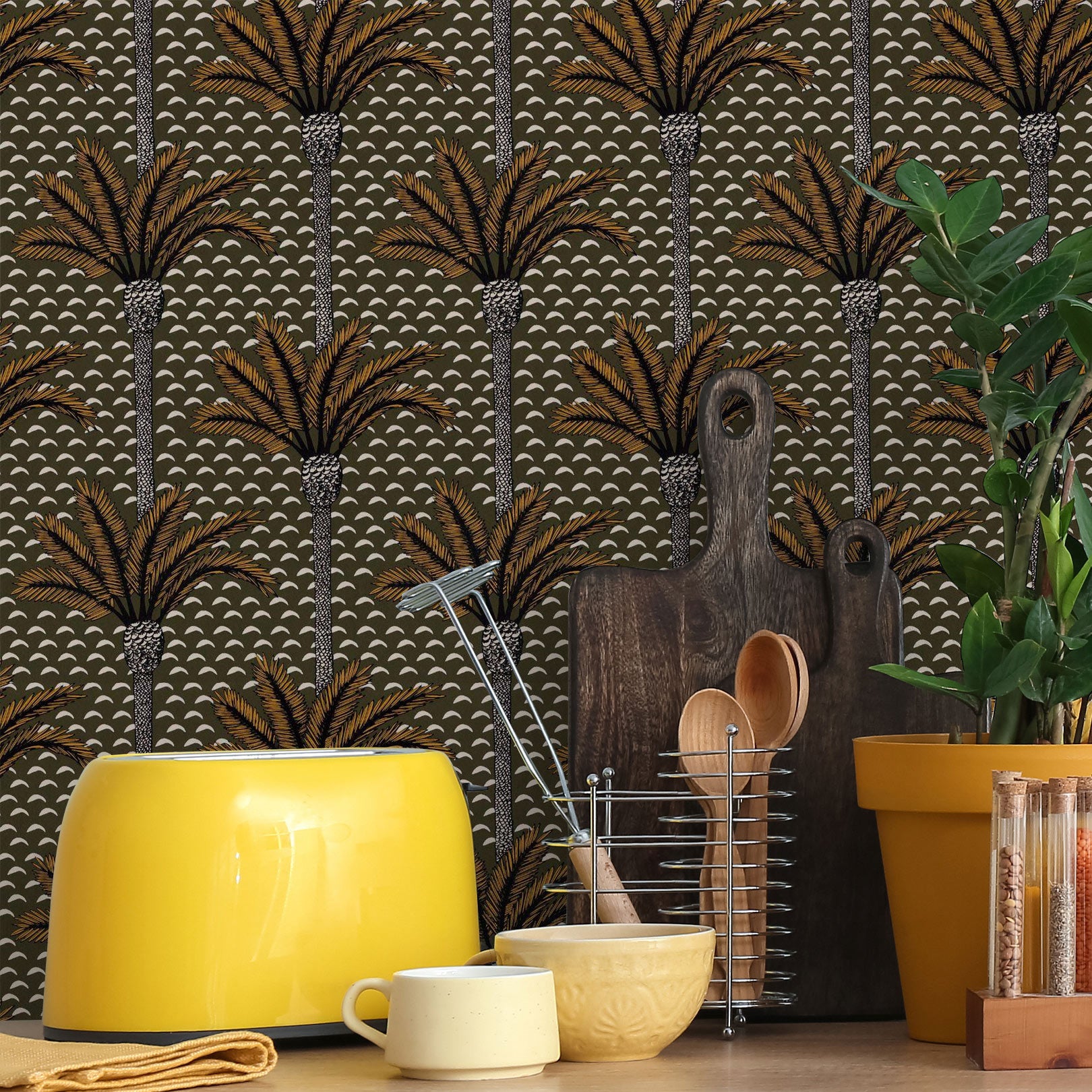 Structural wallpaper with a plant motif in palm trees ATLAS - KAKI khaki