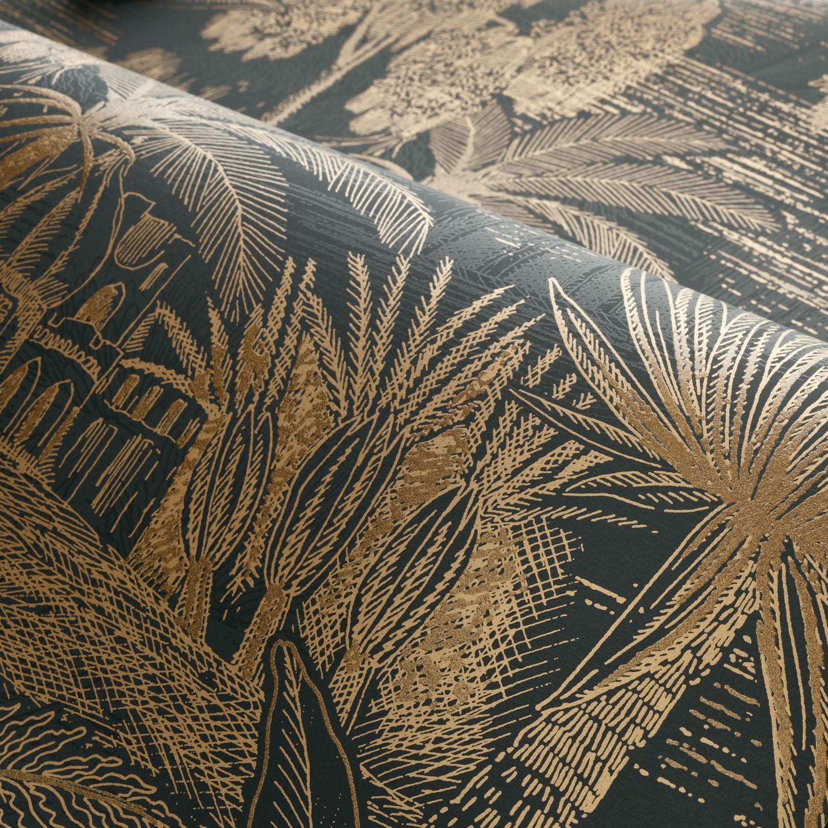 Landscape Wallpaper with Plant Motif BAHARIA - ANTHRACITE/GOLD anthracite with gold