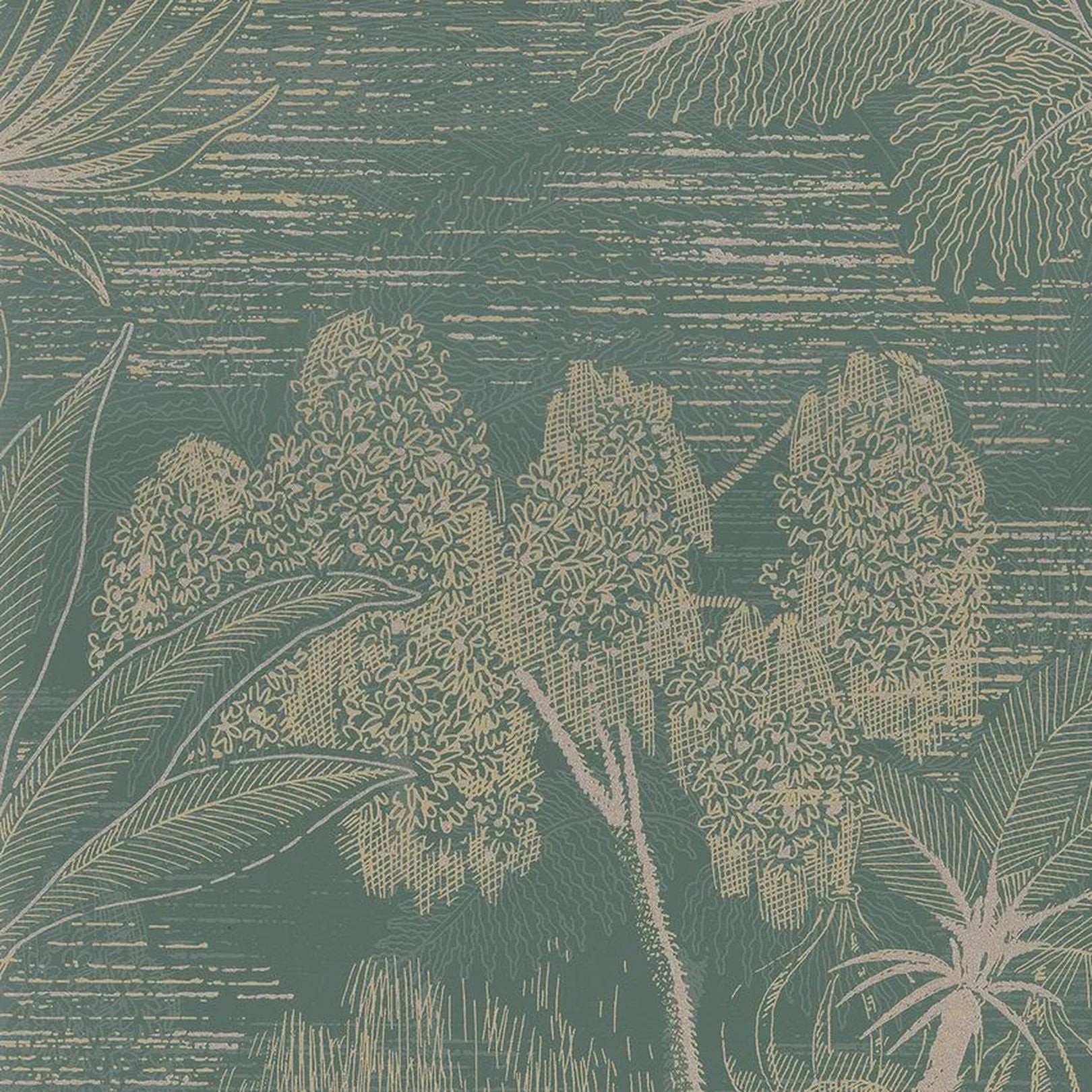 Behang met een landschap en plantaardig motief BAHARIA - VERT DE GRIS/DORE groen met goud