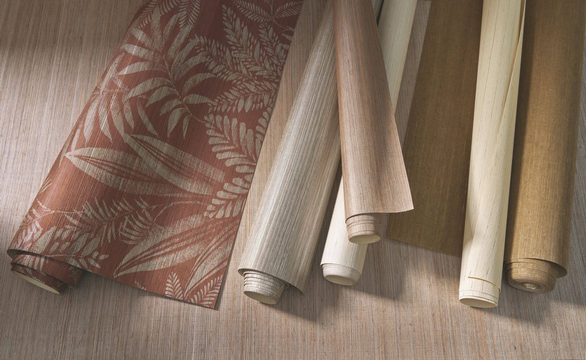 Structural wallpaper made of sisal with a plant motif of MANDRARE leaves - TERRACOTA terracotta with white